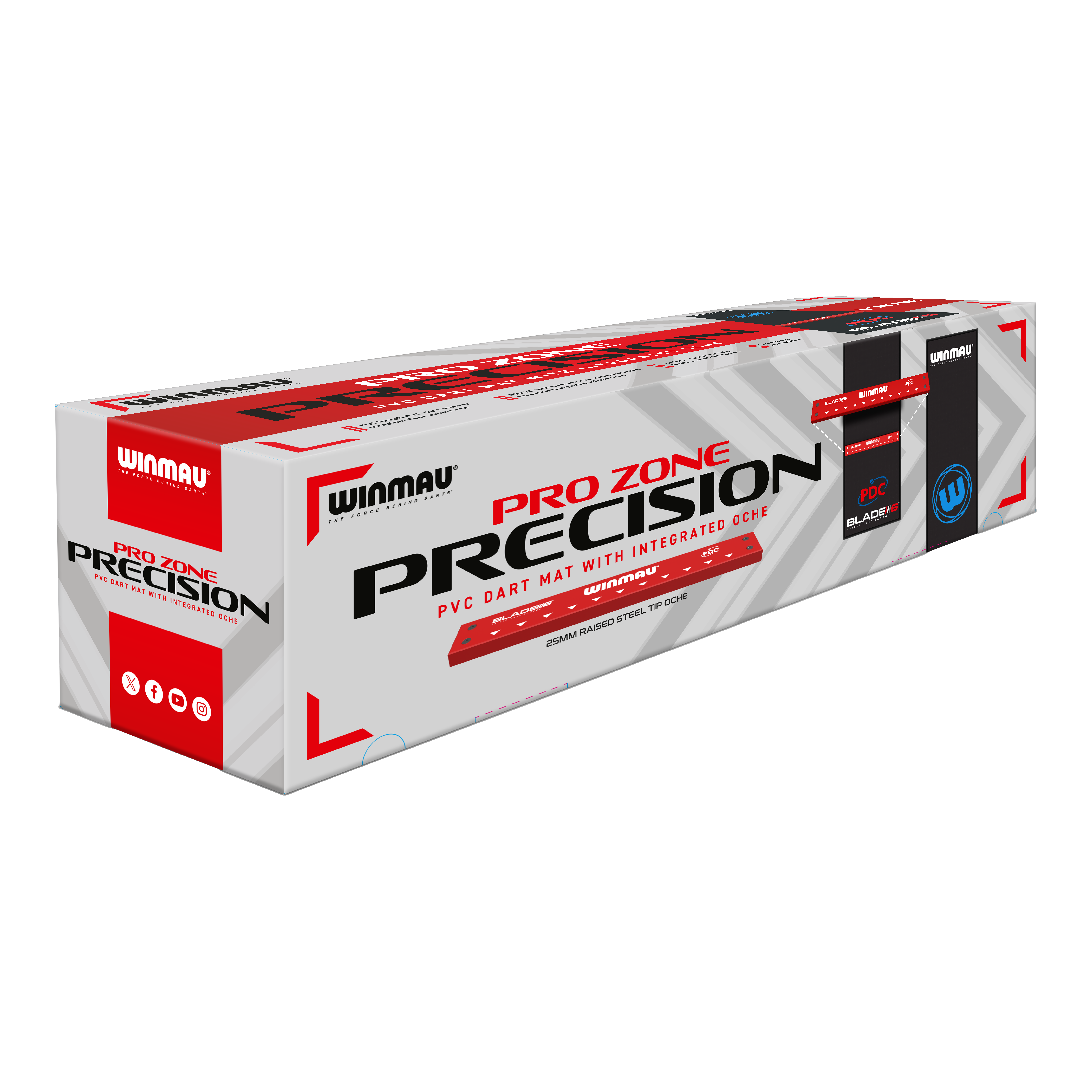 Winmau Pro-Zone Precision Blade 6 dart mat with Oche Die Abbildung zeigt die Verpackung der "Winmau Pro-Zone Precision Blade 6 Dartmatte mit Oche". Auf der Verpackung steht, dass es sich um eine PVC-Dartmatte mit integriertem Oche handelt.