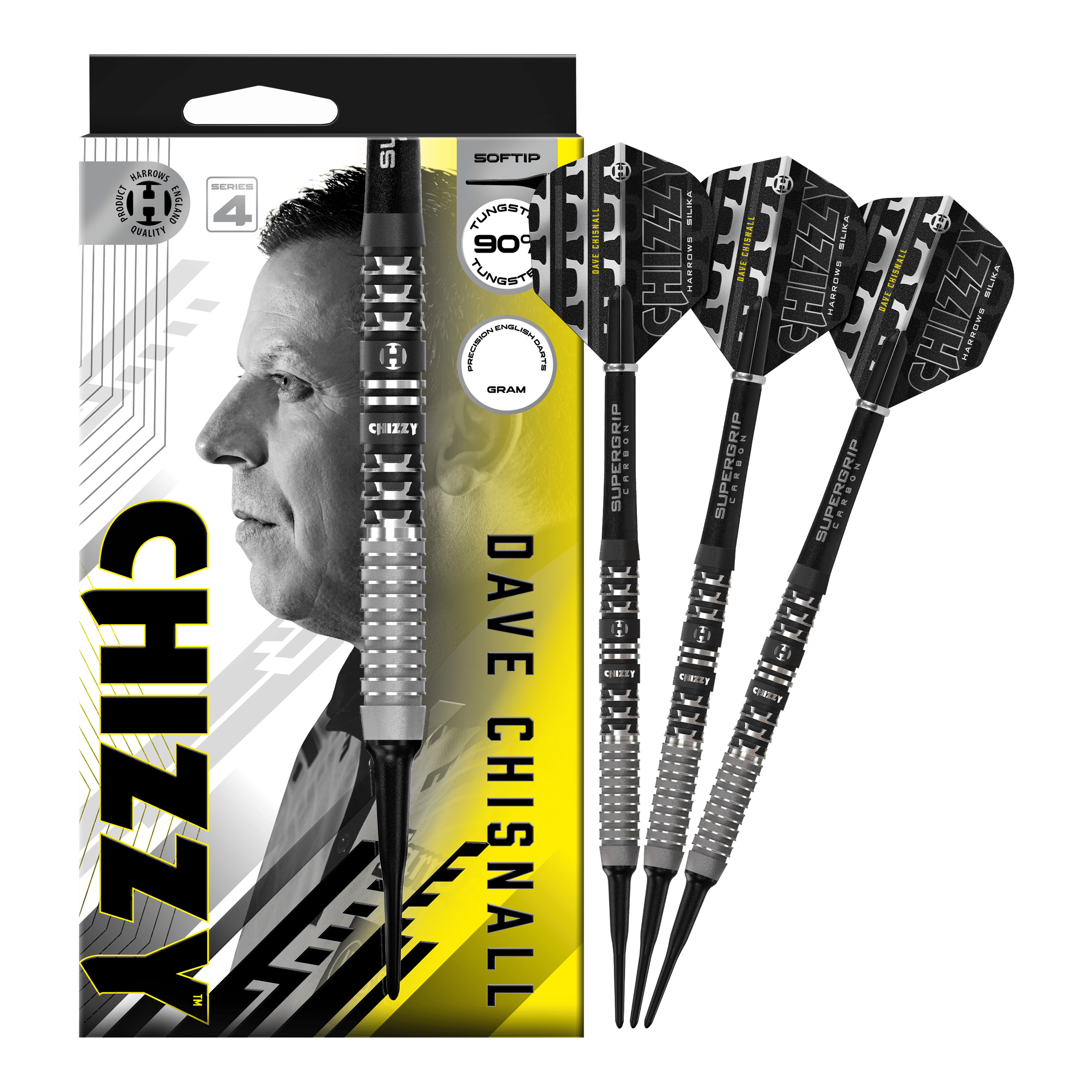 Hier sieht man die Harrows Dave Chisnall Chizzy Series 4 Softdarts. Sie sind ideal für Softdart-Spieler.