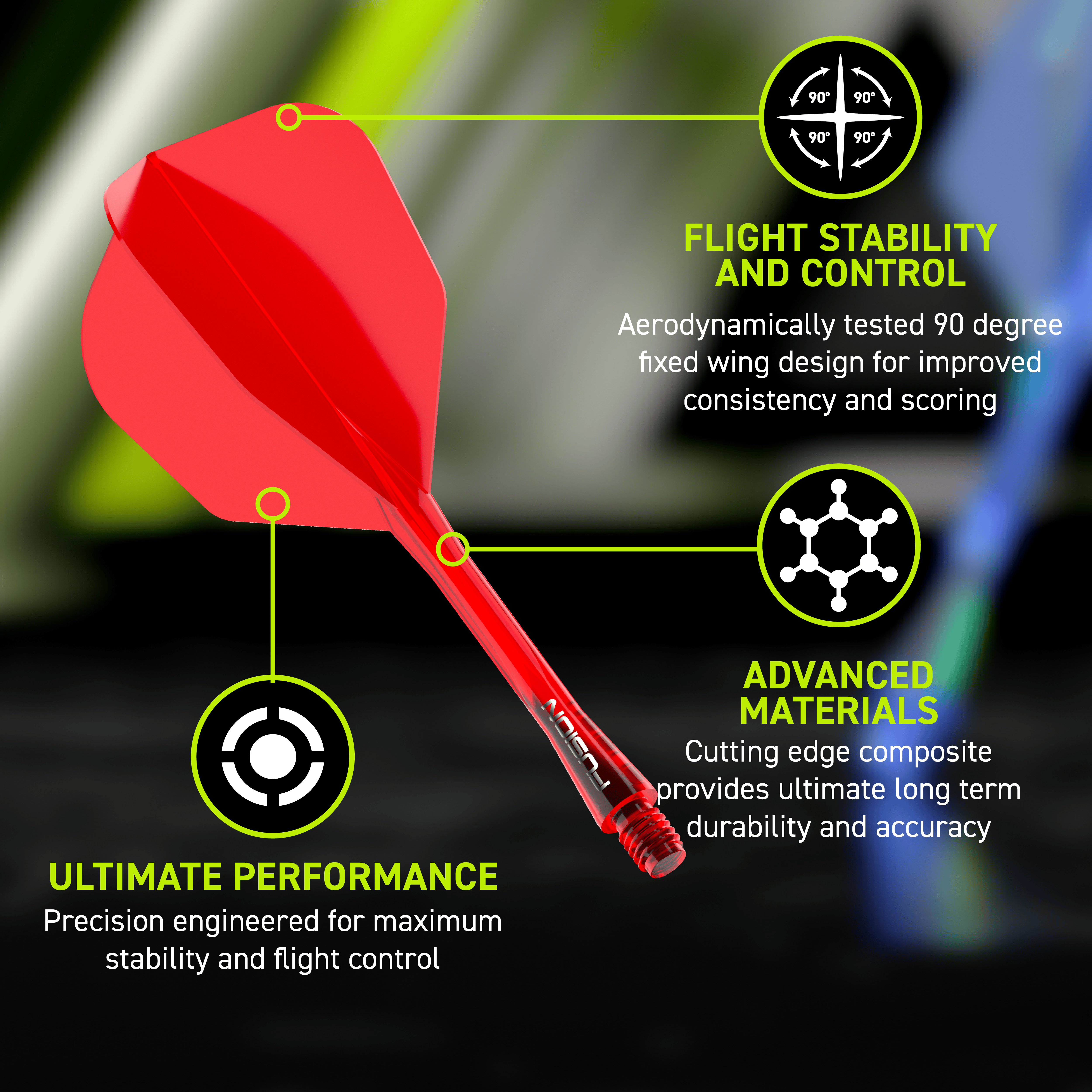 Abgebildet ist das Winmau Fusion Flight-Shaft-System No6 in Rot. Es ist als hochwertiges Flight- und Shaft-System für Dartpfeile konzipiert.