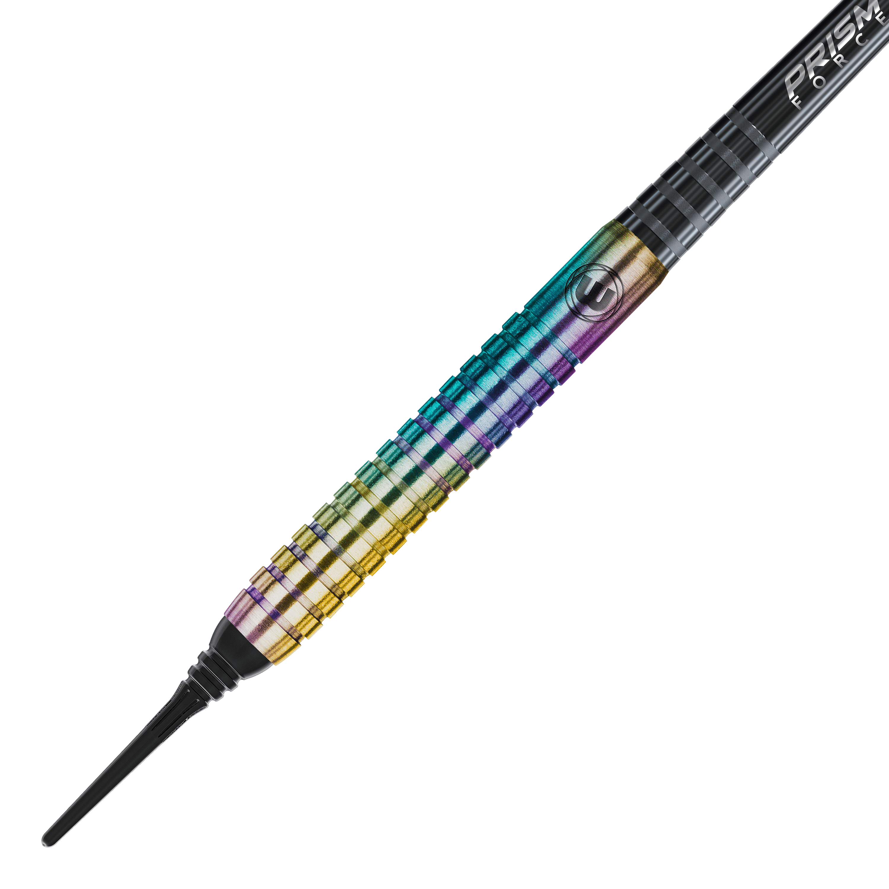 Winmau Foxfire Urban Soft Darts - 20g Das Bild zeigt einen Winmau Foxfire Urban Softdart mit einem Gewicht von 20 Gramm. Der Dart hat eine bunte, metallisch schimmernde Oberfläche mit feinen Rillen für besseren Halt.