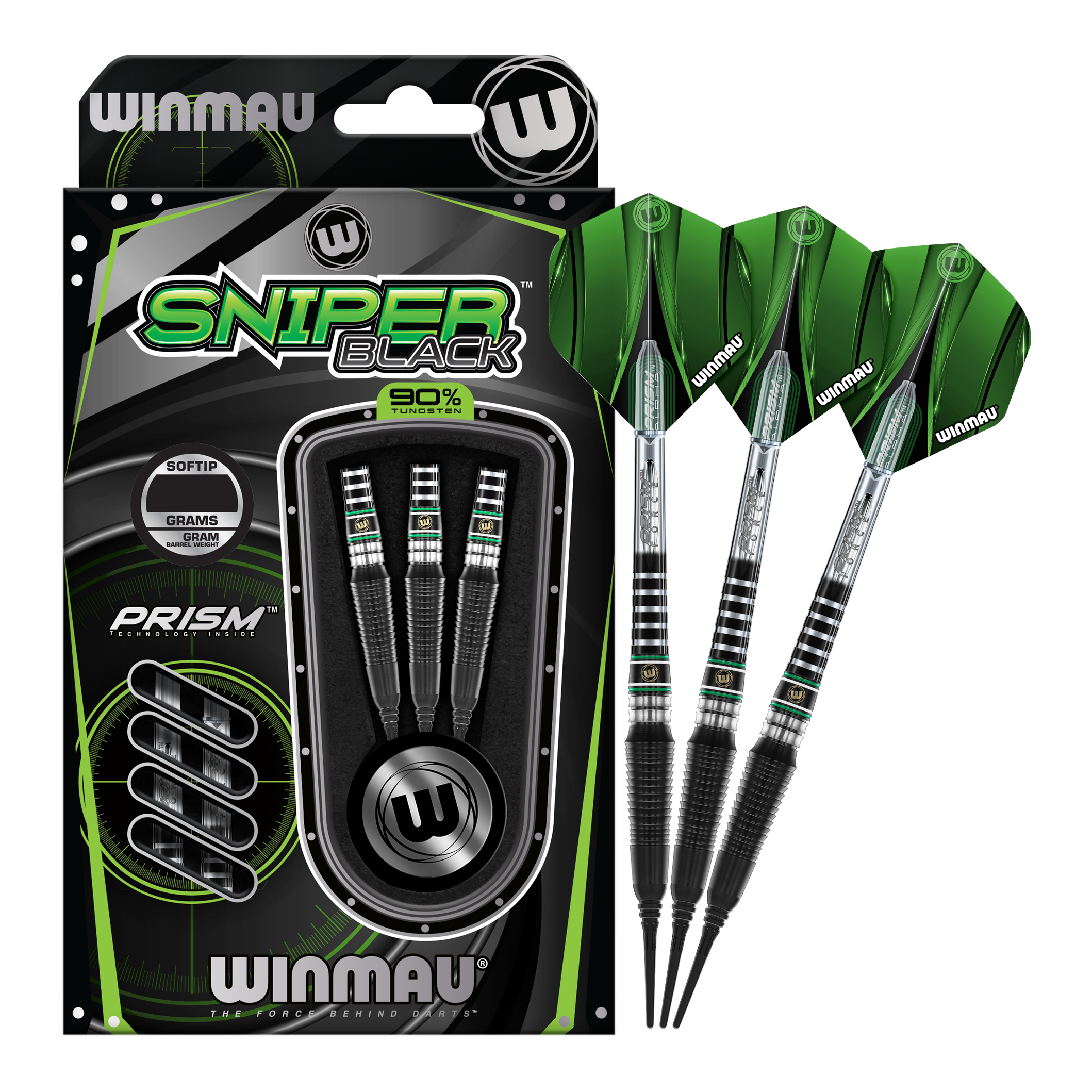 Winmau Sniper Black 2025 soft darts - 20g Das Bild zeigt die Winmau Sniper Black 2025 Softdarts mit einem Gewicht von 20g. Die Darts sind schwarz und grün gestaltet und werden in einer Verpackung mit drei Stück präsentiert.