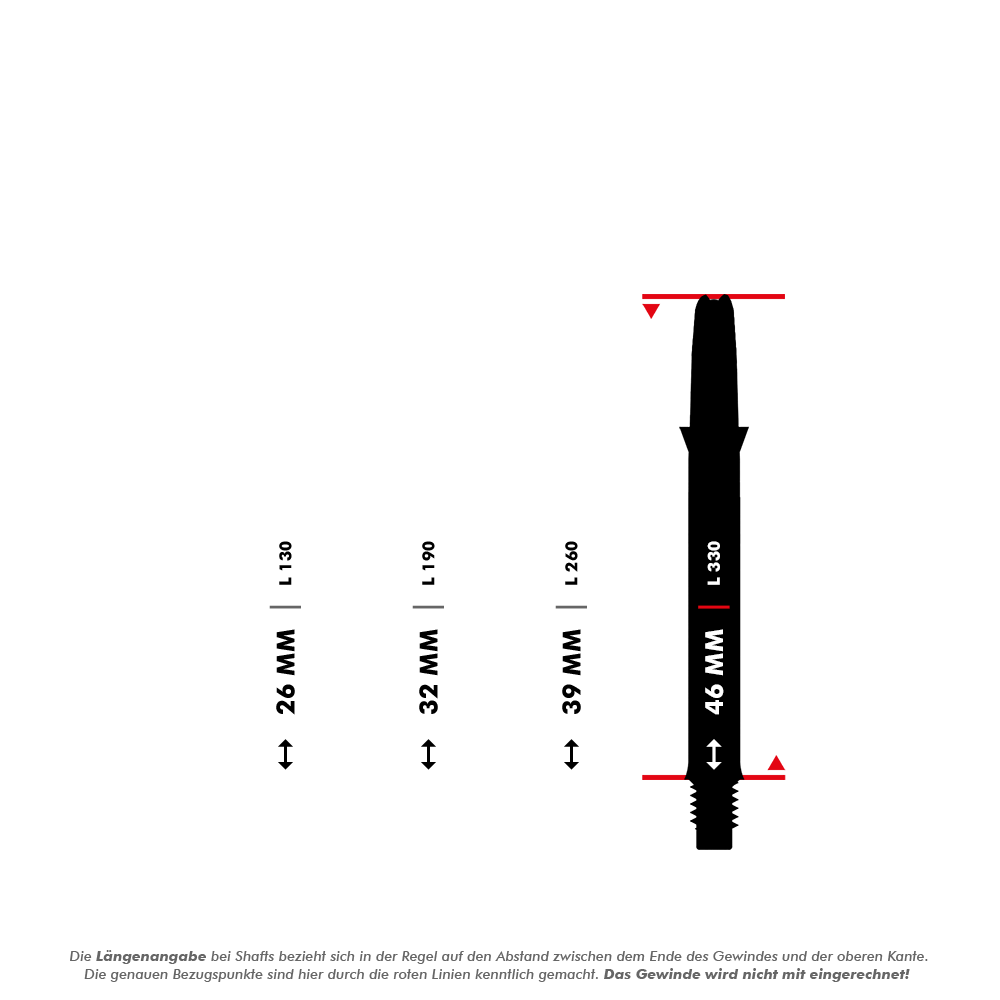 L-L-Style-Shaft Carbon Silent Straight - Schwarz Das Bild zeigt verschiedene Längen von Dart-Schäften, wobei der längste Schaft mit 46 mm hervorgehoben ist. Die Messung erfolgt vom Ende des Gewindes bis zur oberen Kante, das Gewinde selbst wird nicht mitgerechnet.