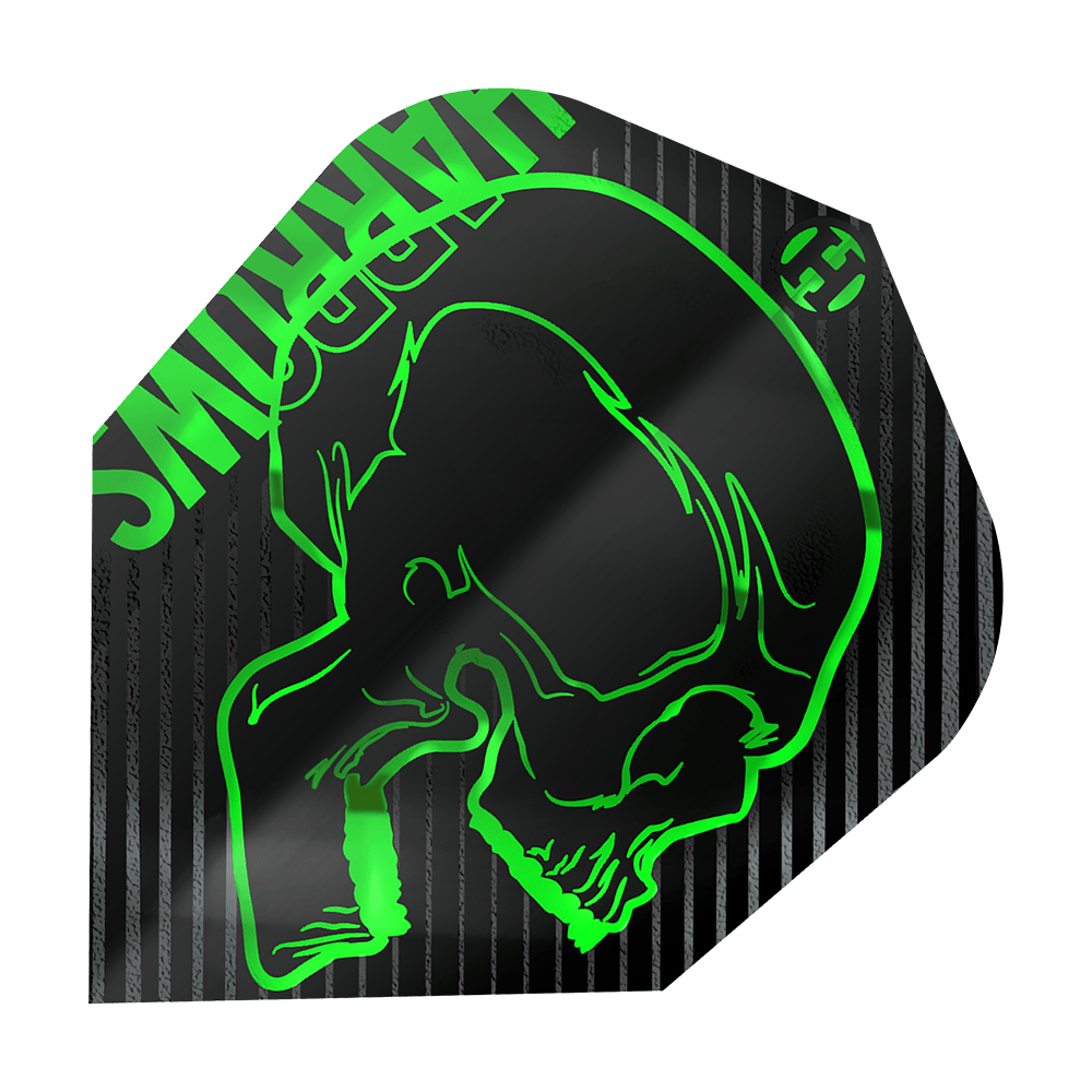 Harrows Rage Green No6 Flights Das Bild zeigt das Produkt "Harrows Rage Green No6 Flights". Auf dem Flight ist ein grüner Totenkopf auf schwarzem Hintergrund mit grünen Streifen abgebildet.