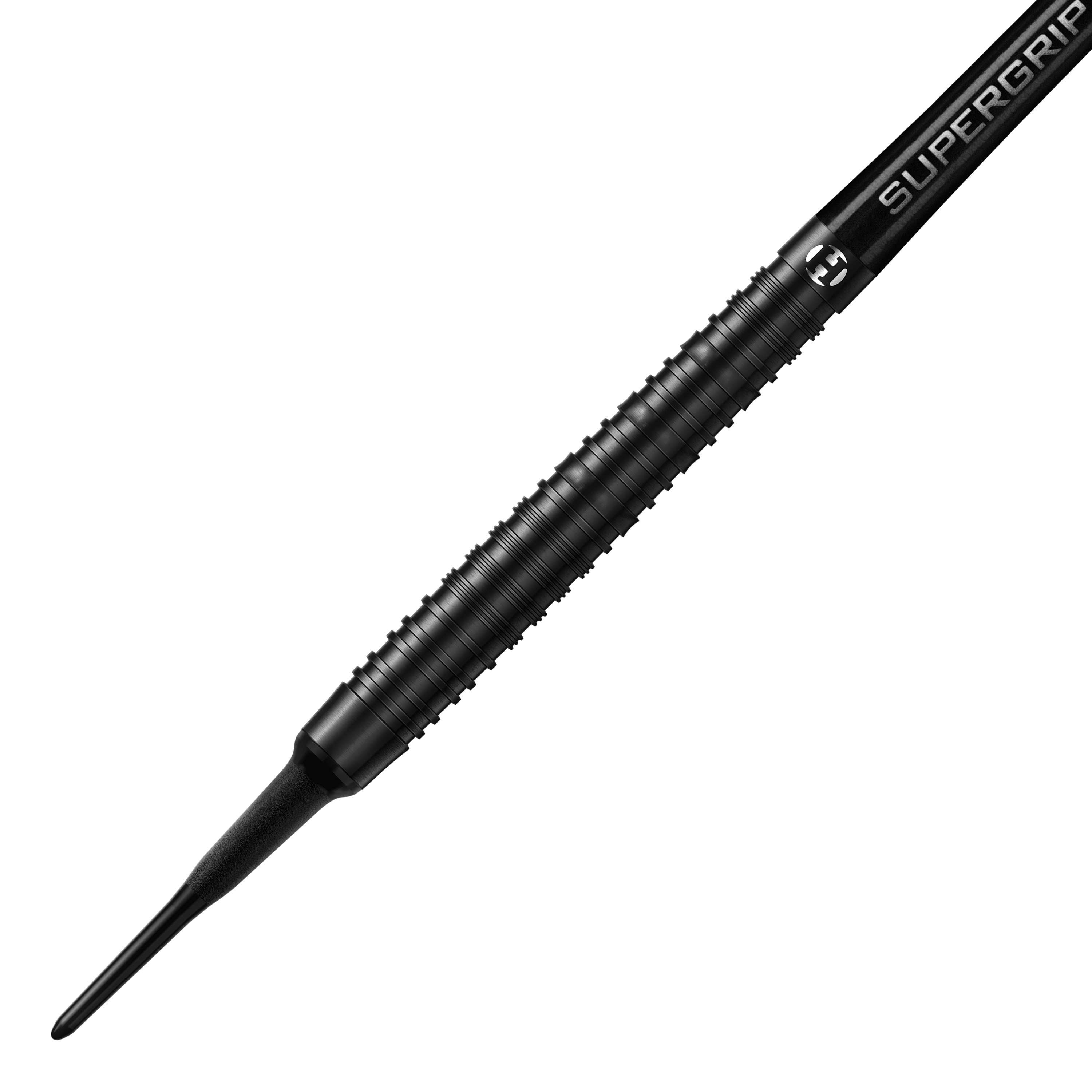 Harrows NX90 Black Edition soft darts Dieses Bild zeigt den Harrows NX90 Black-Edition Softdart. Der Dart ist komplett schwarz und hat eine geriffelte, griffige Oberfläche.
