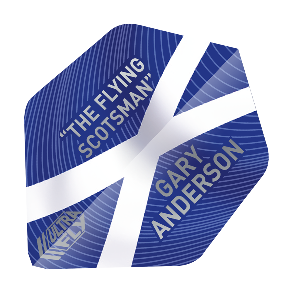 UN17_69041_Unicorn_UltraFly75_Gary_Anderson_World_Champion_AR2_Flights_1 Das Bild zeigt ein Dartflight mit einem blauen Hintergrund und einem weißen Kreuz, das an die schottische Flagge erinnert. Darauf stehen die Worte „THE FLYING SCOTSMAN“ und „GARY ANDERSON“.