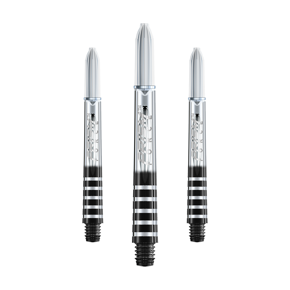 7020-406_Winmau_Prism_Force_Shafts_Clear_41mm_1 Auf dem Bild sind drei durchsichtige Dartschäfte mit schwarzen und silbernen Streifen zu sehen. Sie haben eine glänzende Oberfläche und sind in verschiedenen Größen angeordnet.