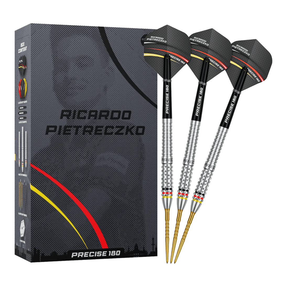 Precise 180 Ricardo Pietreczko GEN1 steel darts Vollansicht der Precise 180 Ricardo Pietreczko GEN1 Steeldarts. Diese Darts sind für Präzision und Kontrolle entwickelt.