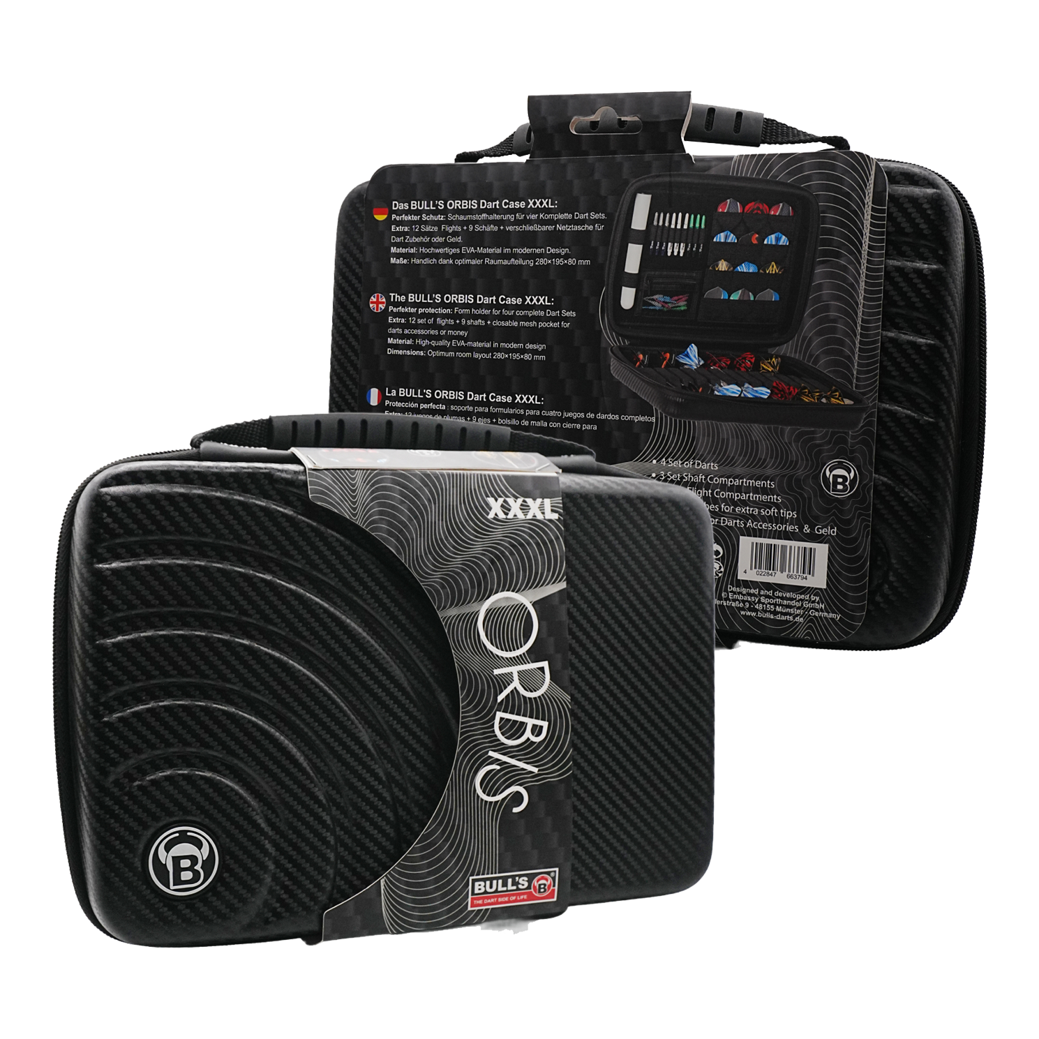 Bulls Orbis XXL dart case - carbon gray Das Bild zeigt das Produkt "Bulls Orbis XXL Dartcase - Carbongrey" in schwarzer Carbon-Optik. Das Dartcase ist groß und bietet Platz für mehrere Dart-Sets und Zubehör.
