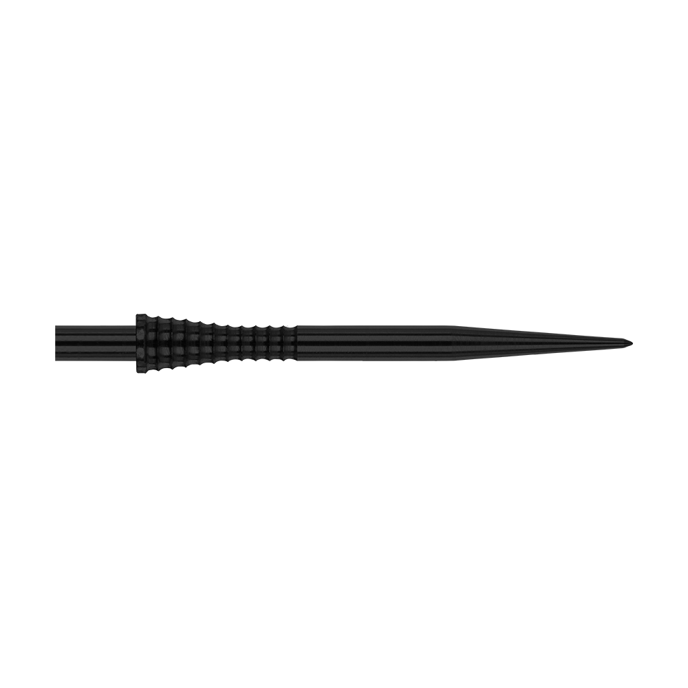 Red Dragon Raptor Gripped Black steel dart tips 38mm Das Bild zeigt die Red Dragon Raptor Gripped Black Steeldartspitze mit einer Länge von 38 mm. Die Spitze ist schwarz und hat eine geriffelte Grifffläche für besseren Halt.