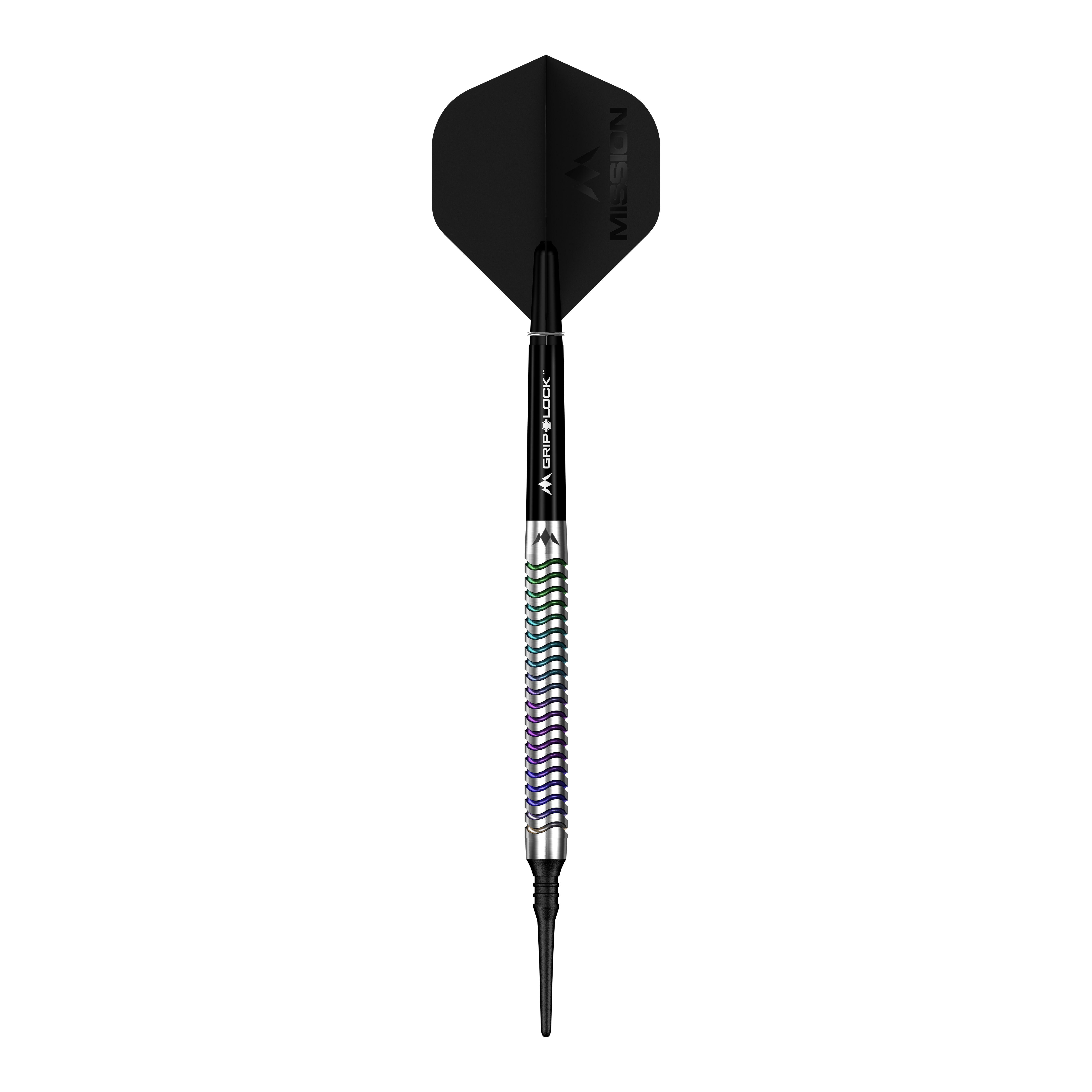 Hier ist ein Mission Mirage Softdarts - 20g abgebildet. Das Bild hebt die Details des Softdarts hervor.