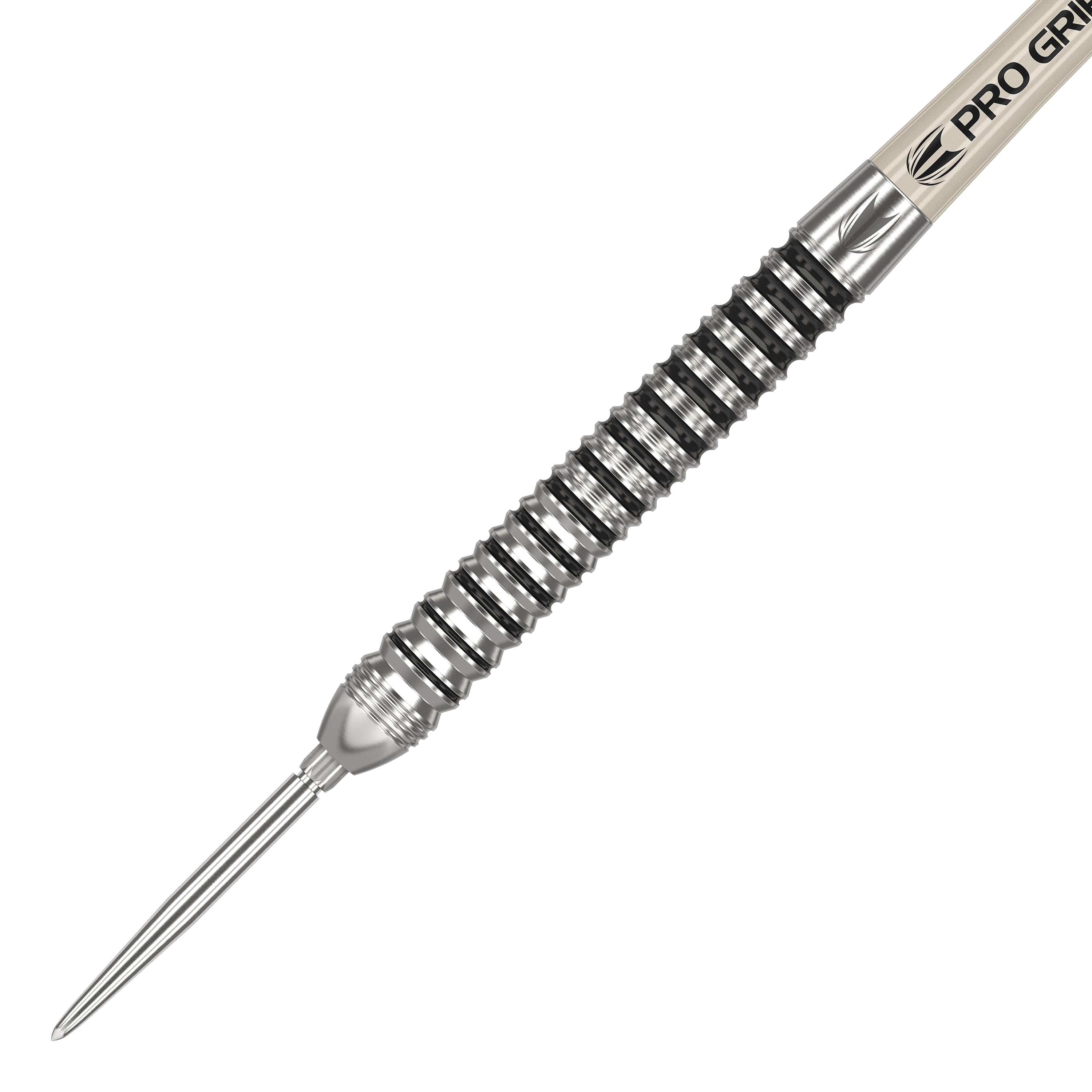 Target EXO SP01 Swiss Point steel darts Das Bild zeigt einen Target EXO SP01 Swiss Point Steeldart. Der Dart hat ein silbernes, geriffeltes Barrel und eine spitze Stahlspitze.