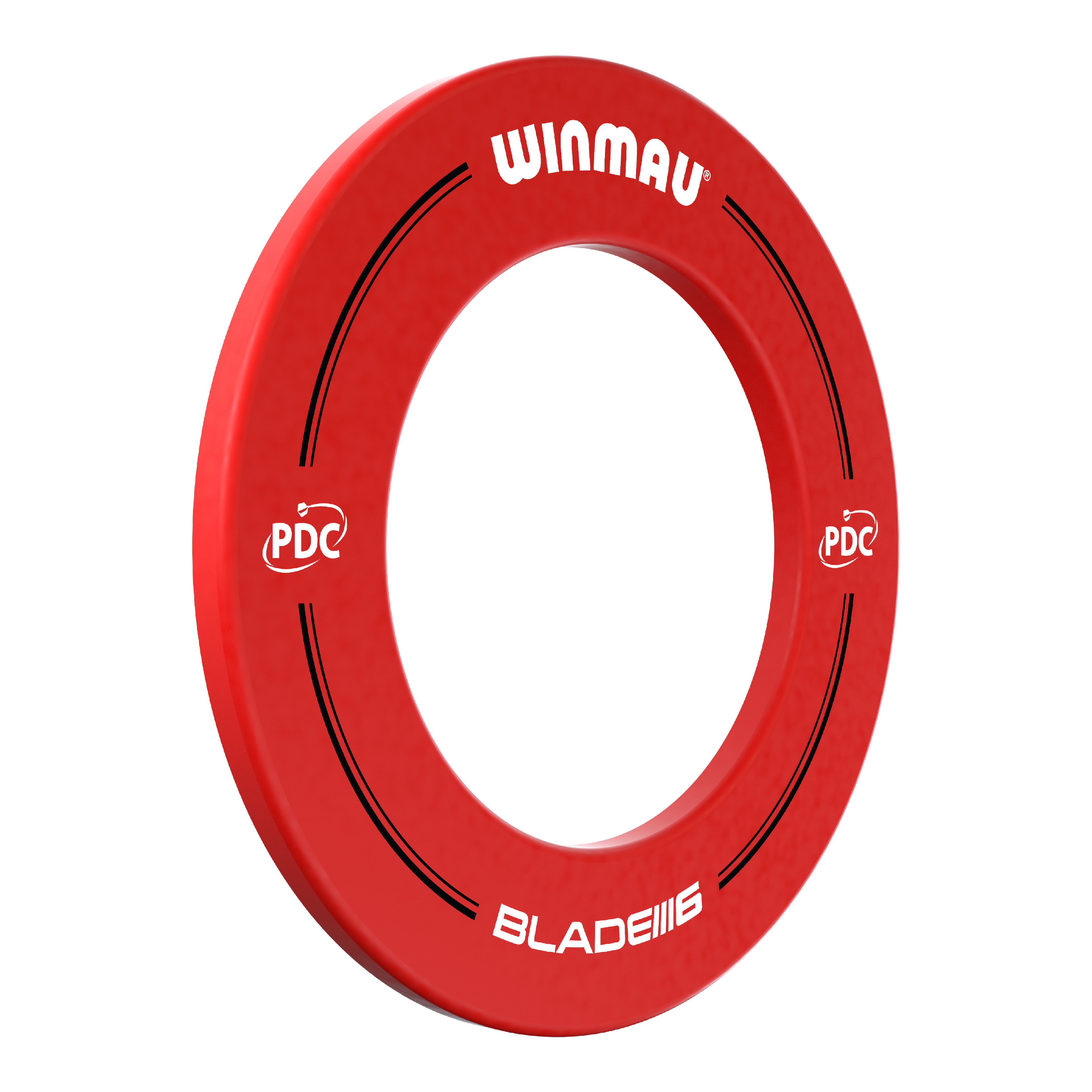 Winmau PDC Dartboard Surround - Red Das Bild zeigt einen roten Dartboard-Surround von Winmau mit der Aufschrift „PDC“ und „BLADE 6“. Der Surround dient dazu, die Wand rund um ein Dartboard vor abprallenden Pfeilen zu schützen.
