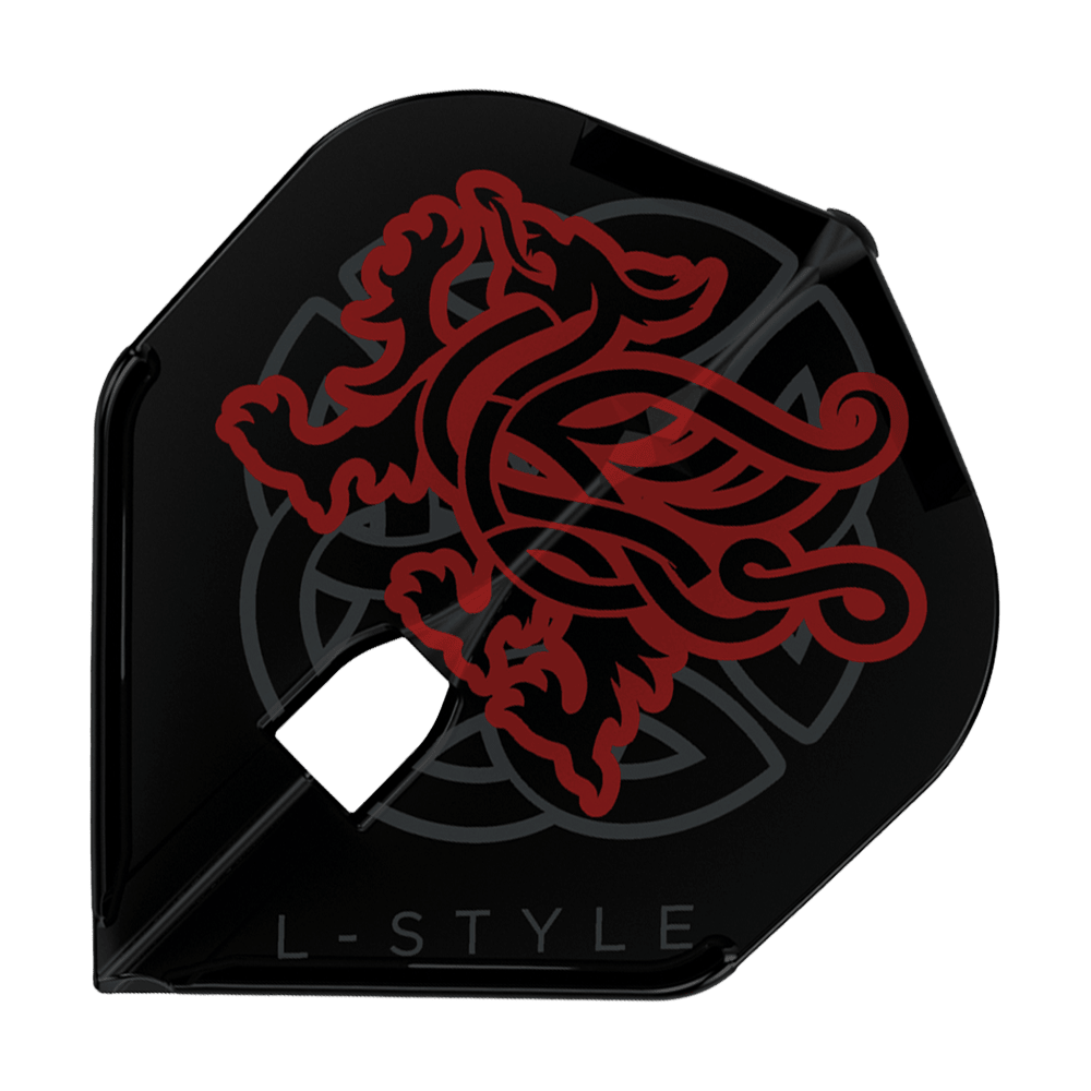 LSF633_L-Style_Jim_Williams_V2_L1PRO_Flights_1 Das Bild zeigt ein „L-Style Jim Williams V2 L1PRO Flight“ für Dartpfeile. Das Flight ist schwarz und mit einem roten, stilisierten Löwenmotiv verziert.