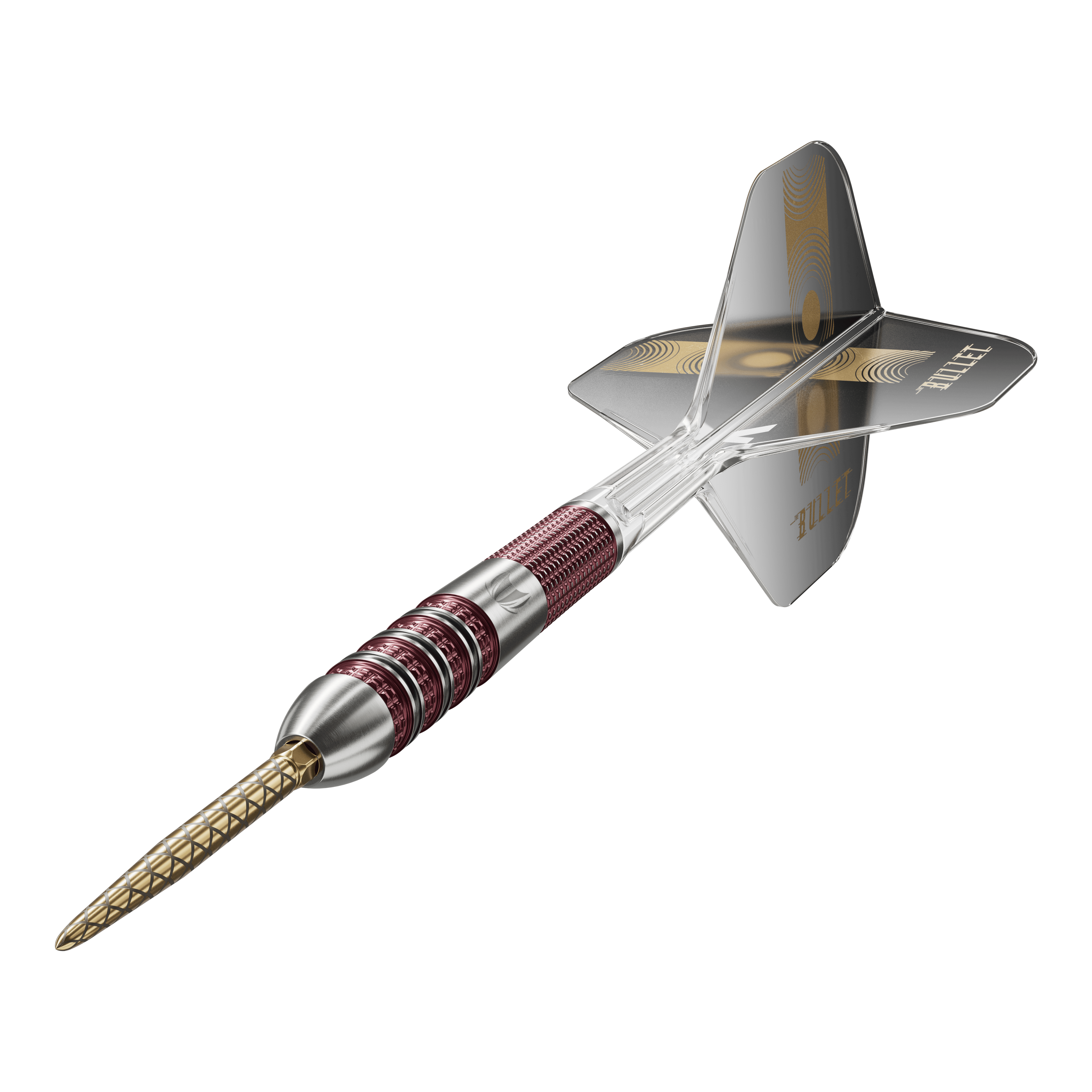 Das Bild zeigt einen Target Stephen Bunting 95K Swiss Point Steeldart. Der Dartpfeil hat einen metallic-roten Griff, eine goldene Spitze und schwarze Flights mit dem Schriftzug "BULLET".