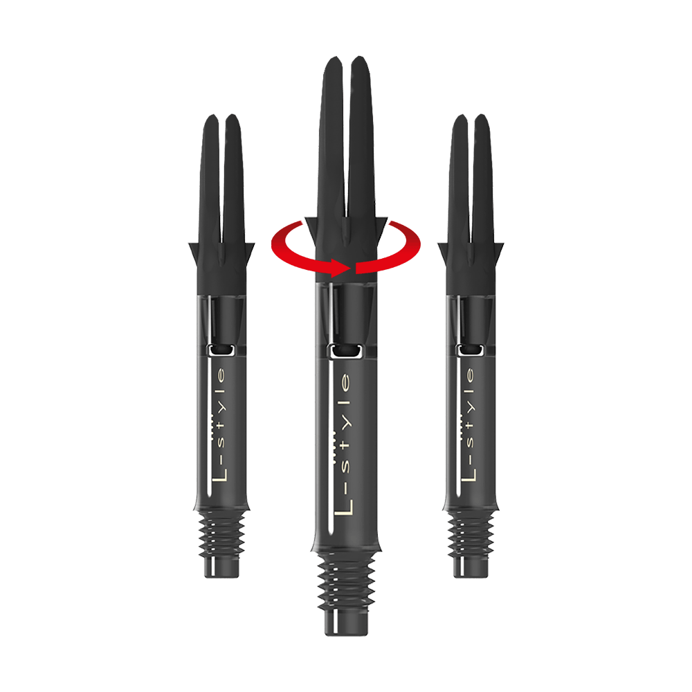 L-L-Style-Shaft Carbon Silent Straight - Schwarz Das Bild zeigt drei schwarze Dartschäfte der Marke L-Style in einer geraden Anordnung. Über dem mittleren Schaft ist ein roter Pfeil, der eine Drehbewegung anzeigt.