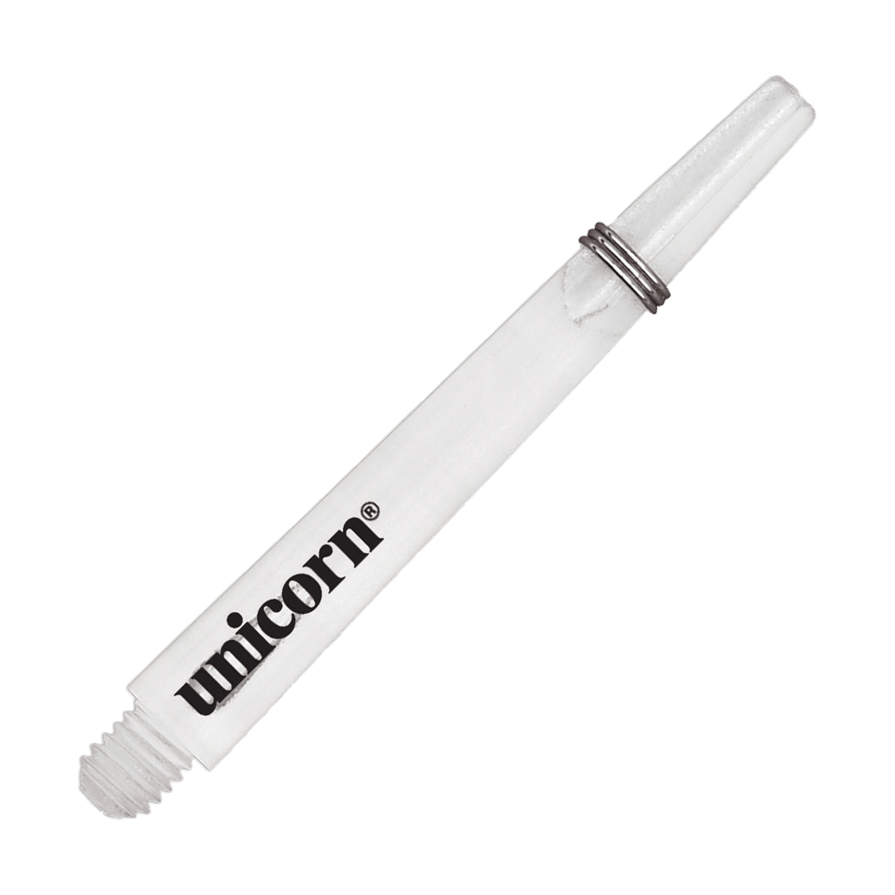 Unicorn Gripper 3 Mirage Shafts - Clear - 44.2 mm Das Bild zeigt einen klaren Unicorn Gripper 3 Mirage Shaft mit einer Länge von 44,2 mm. Auf dem Schaft ist das Wort "unicorn" aufgedruckt.