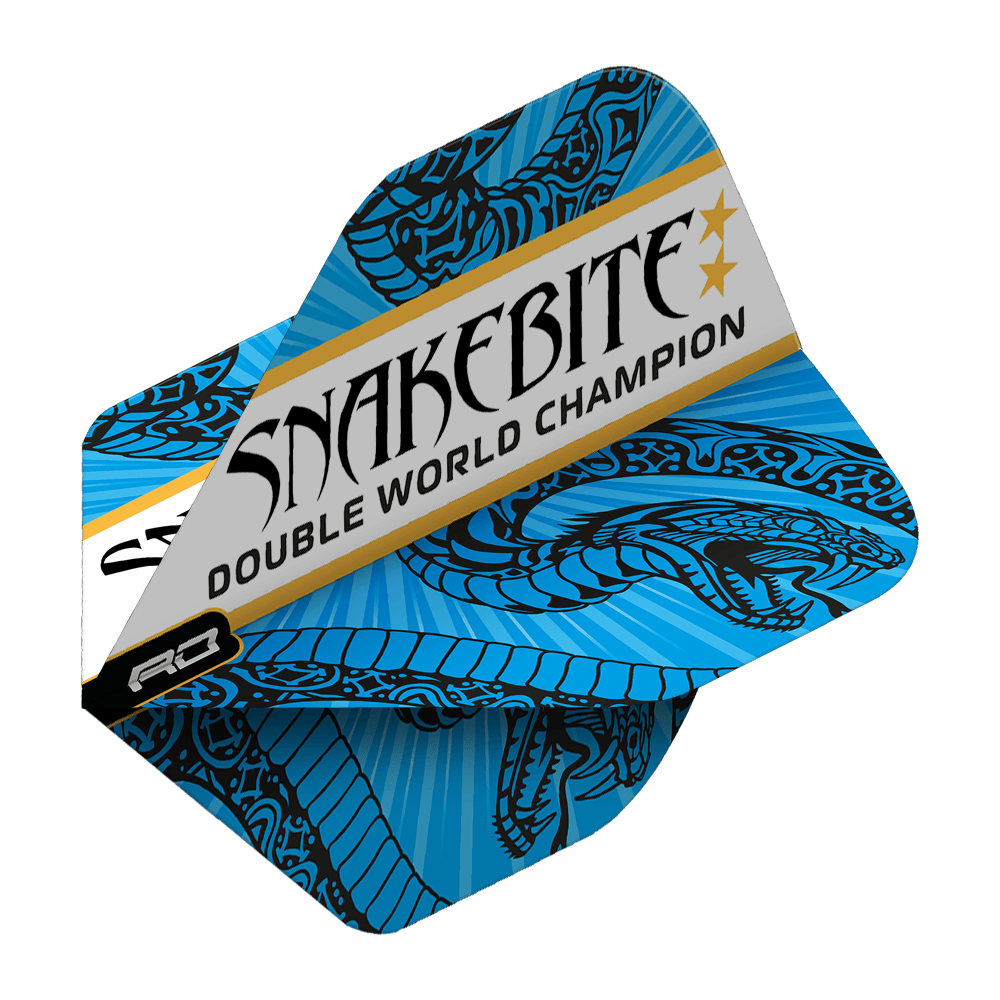 Das Bild zeigt ein Dart-Flight mit blau-weißem Schlangenmuster. Auf dem Flight steht "Snakebite Double World Champion".