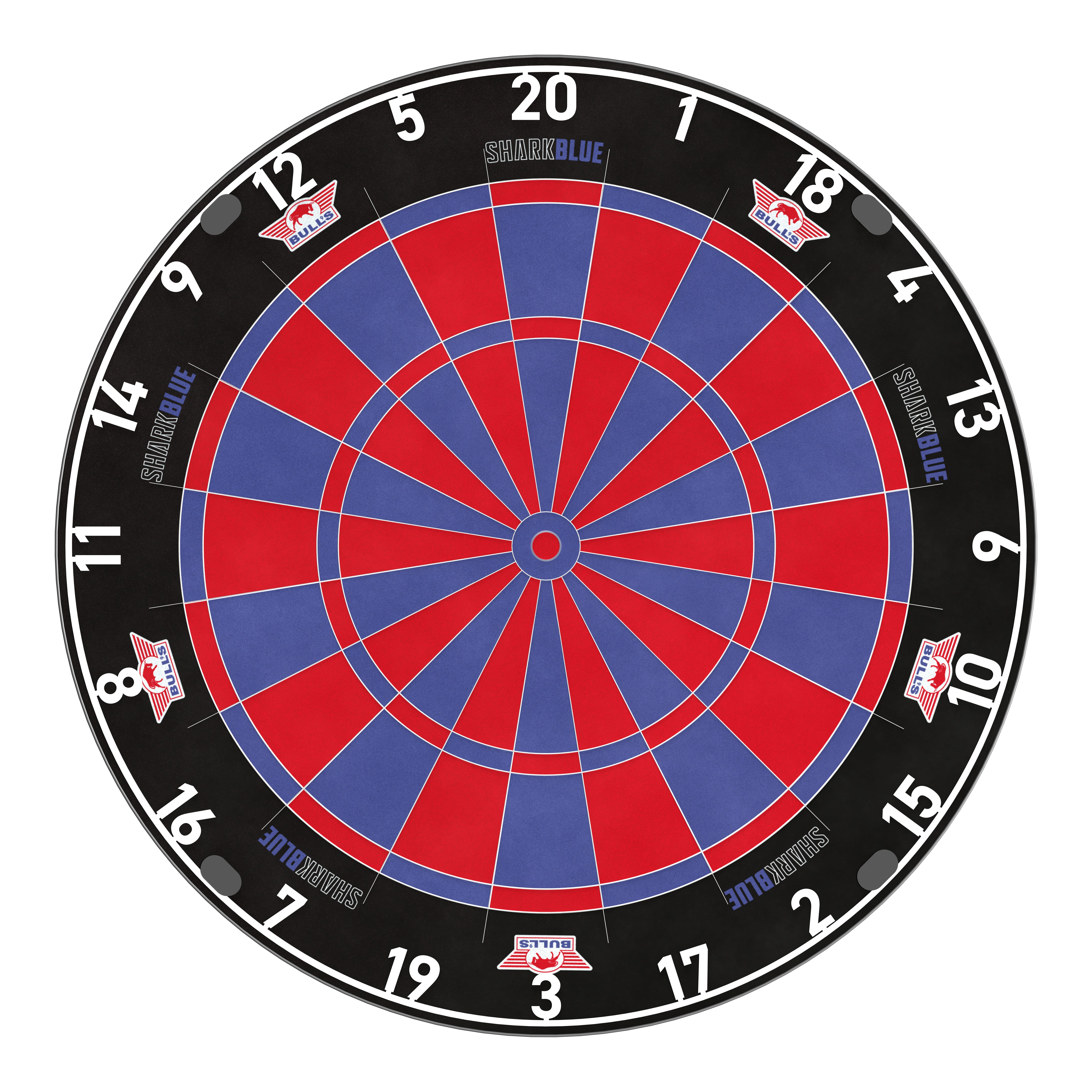 Bulls NL Shark Blue Pro steel dartboard Das Bulls NL Shark Blue Pro Steeldartboard wird im Ganzen gezeigt. Die Markierungen und Details sind klar zu erkennen.