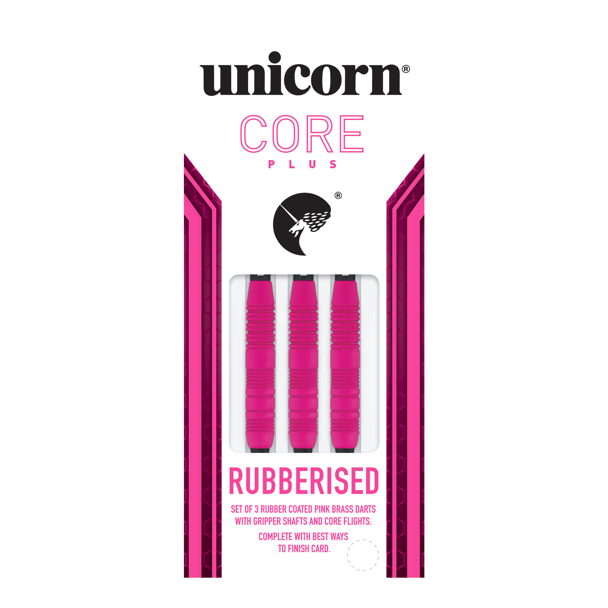 Unicorn Core Plus Rubberised Pink Softdarts - 19g Das Bild zeigt eine Packung der "Unicorn Core Plus Rubberised Pink Softdarts - 19g". In der Verpackung befinden sich drei pinke, gummierte Softdarts.