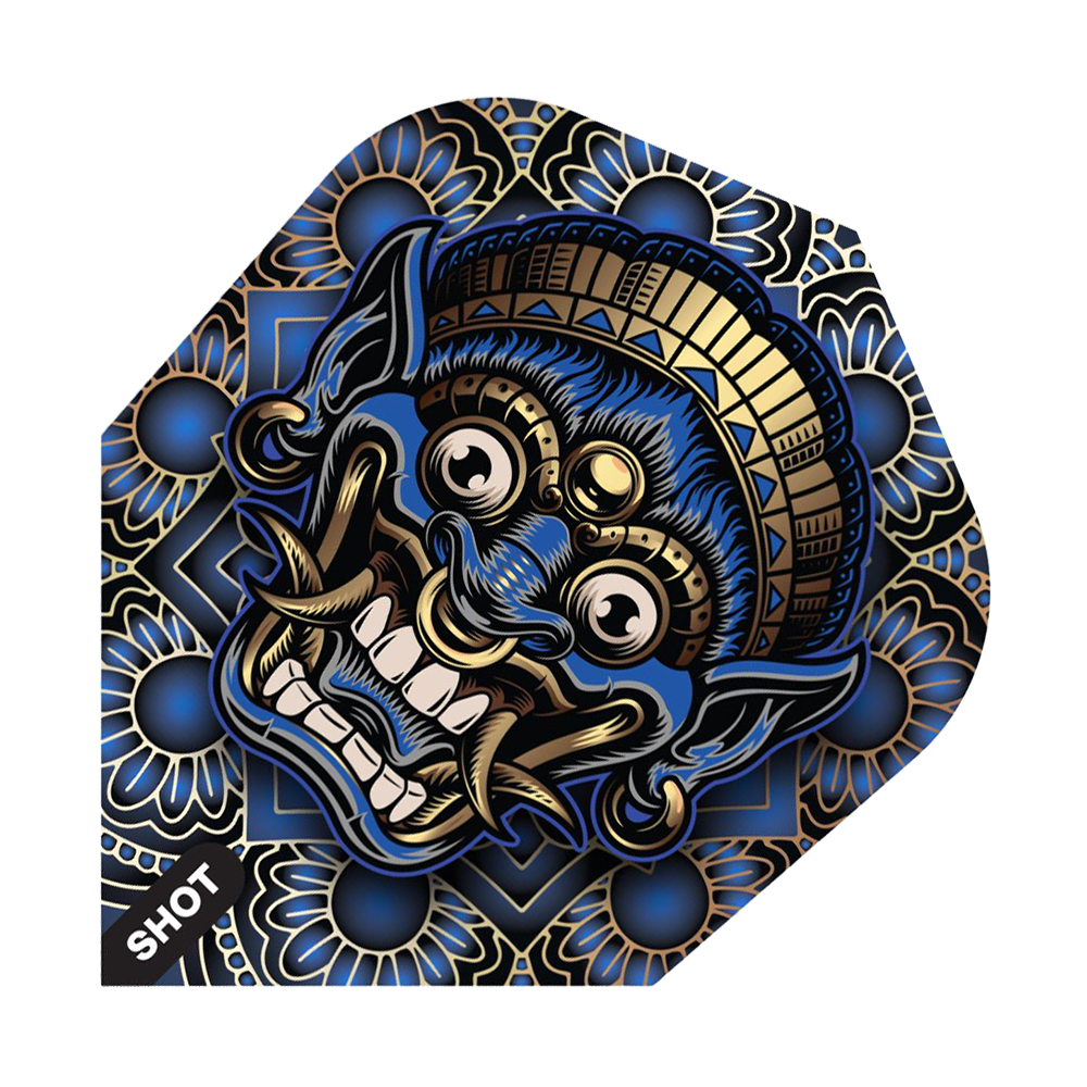 Shot Tribal Weapon Java No6 Flights Das Bild zeigt ein Dart-Flight mit einem farbenfrohen, traditionellen Tribal-Design in Blau, Gold und Schwarz. Das auffällige Motiv stellt eine stilisierte, furchteinflößende Maske dar.