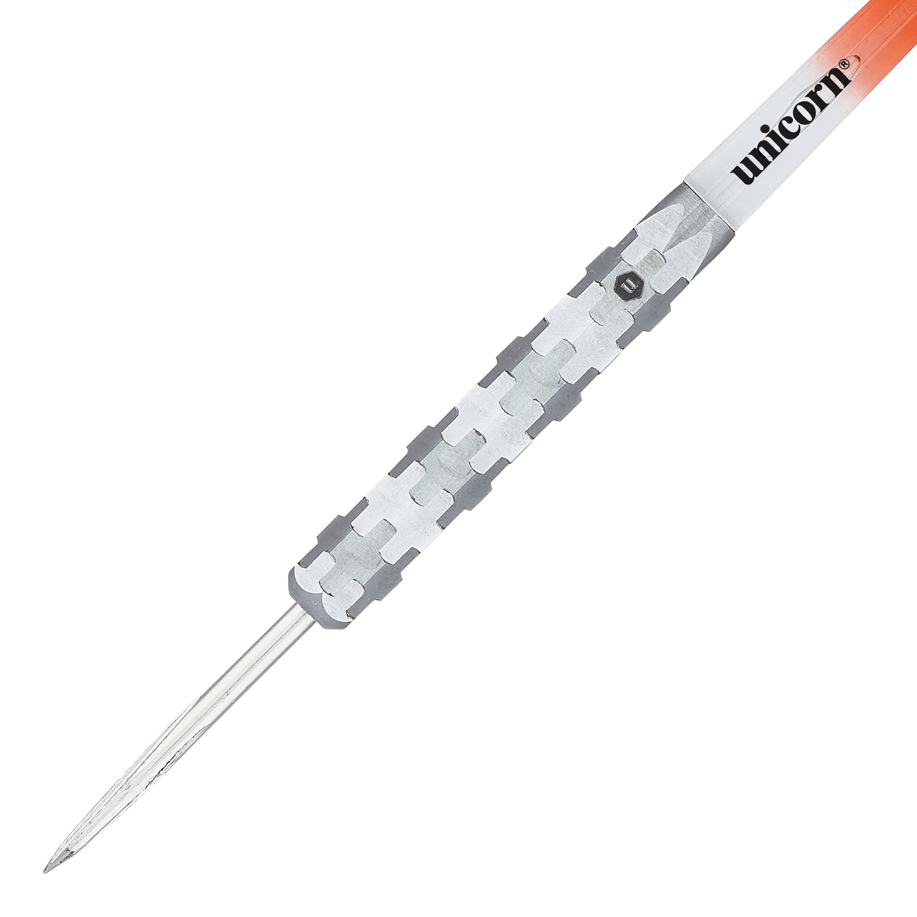 Unicorn Ballista Style 1 steel darts Das Bild zeigt einen Unicorn Ballista Style 1 Steeldart. Der Dart hat einen silbernen, strukturierten Griff und eine spitze Metallspitze.