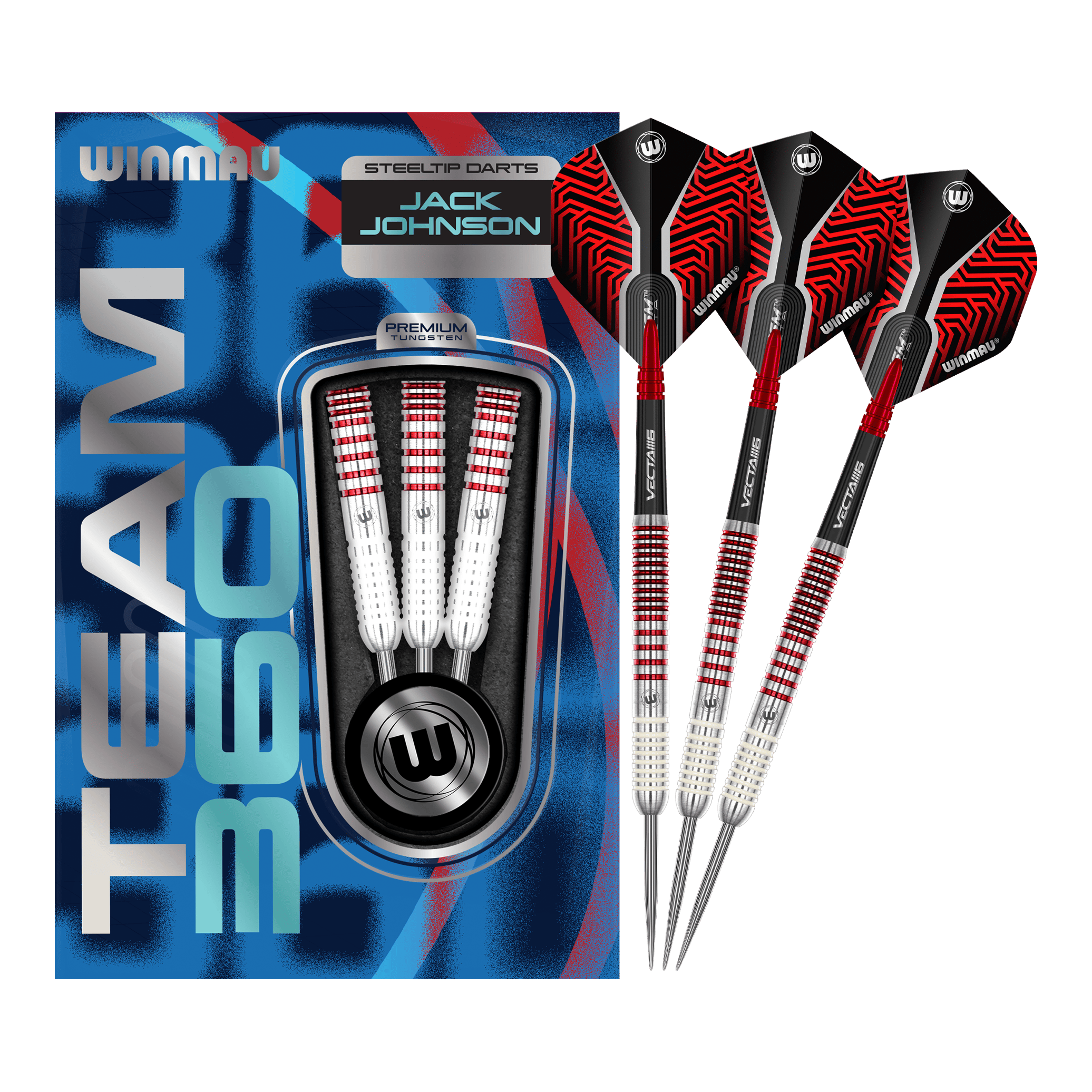 Winmau Team 360 Jack Johnson steel darts - 24g Das Bild zeigt das komplette Set der Winmau Team 360 Jack Johnson Steeldarts mit 24g. Die Steeldarts sind für präzises Werfen entwickelt.