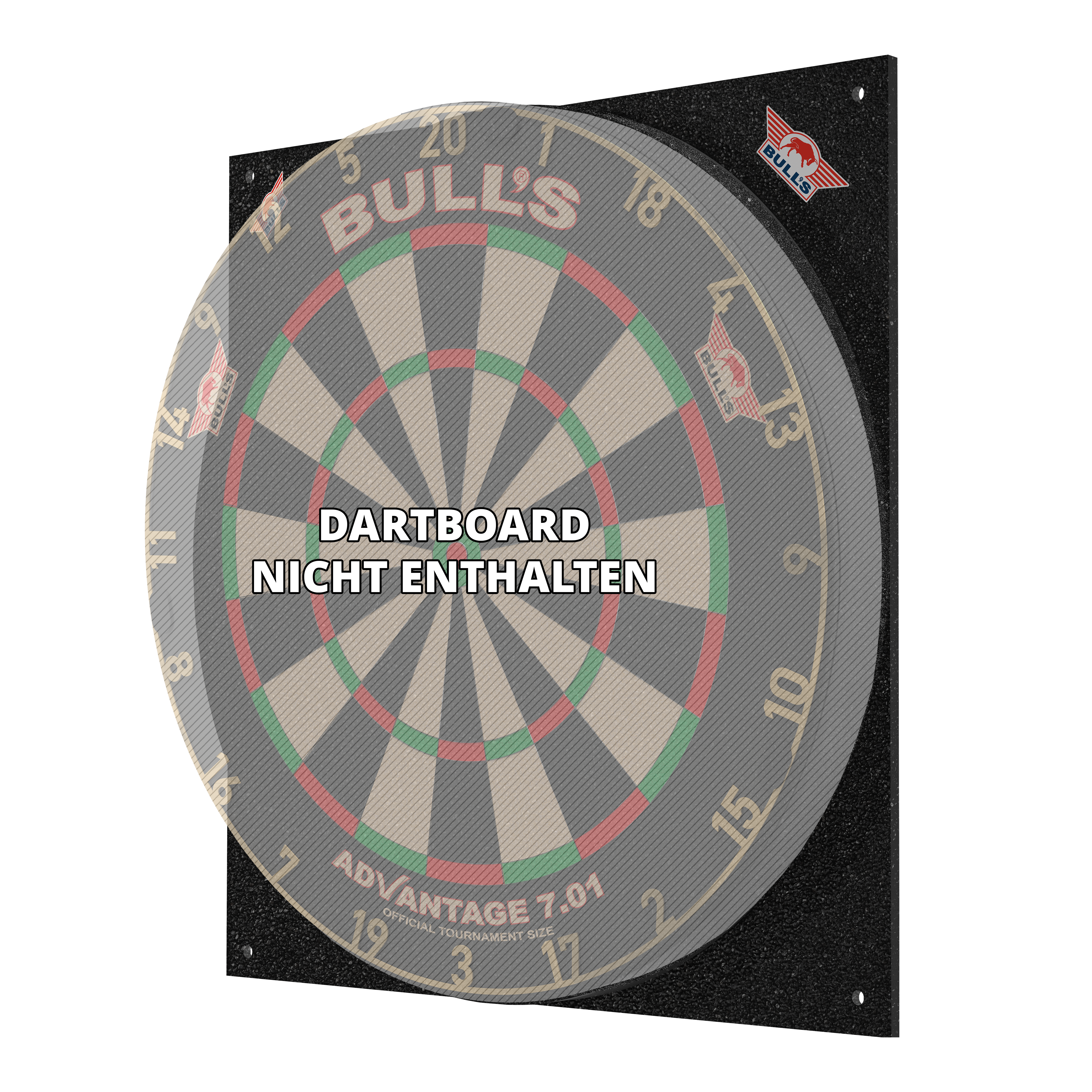 Bulls NL Dartboard Silencer Das Bild zeigt den Bulls NL Dartboard Silencer, ein schallreduzierendes Board für Dartspiele. Auf dem Bild steht, dass das Dartboard nicht enthalten ist.