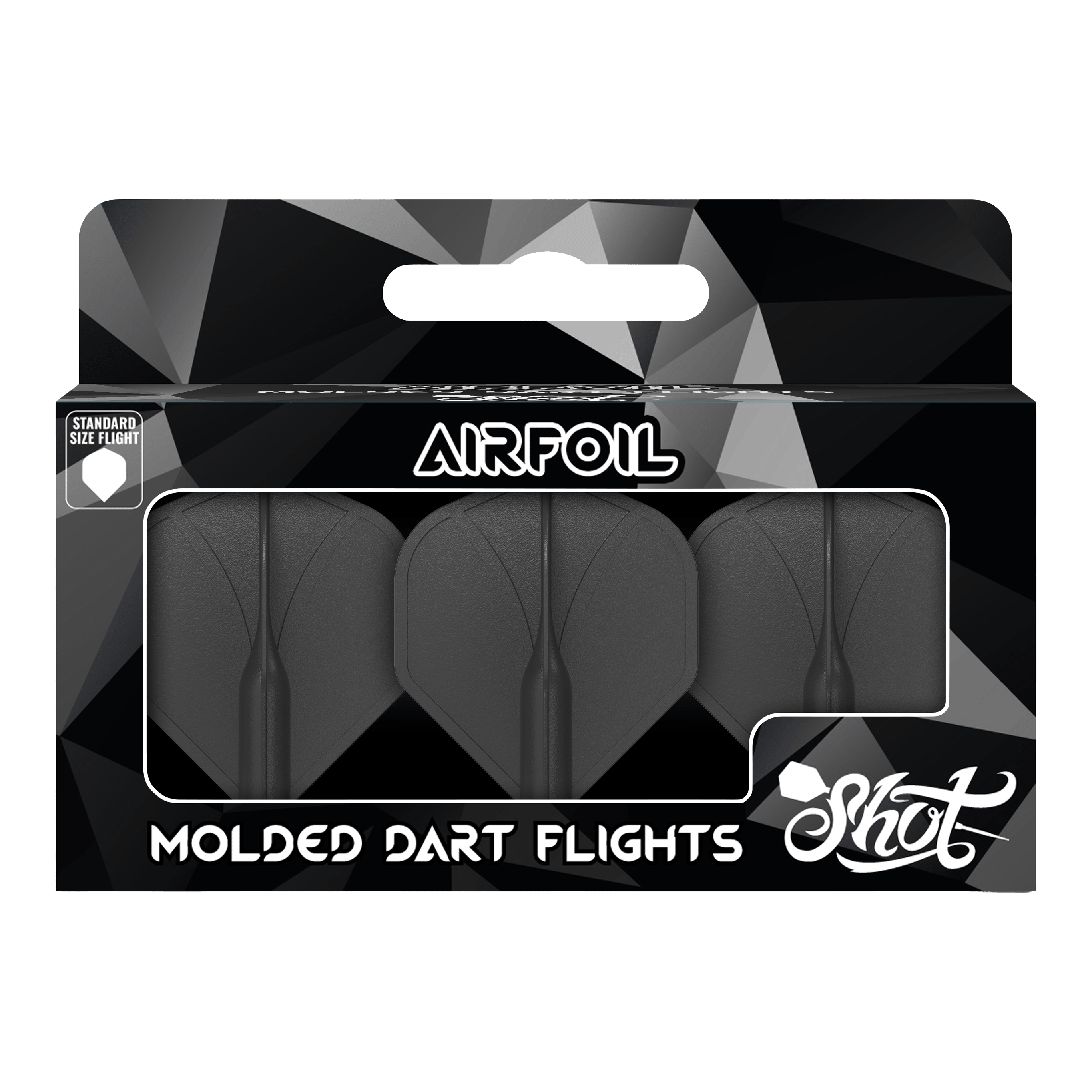 Shot Airfoil Molded No2 Standard Flights Auf dem Bild ist eine Packung mit drei schwarzen, geformten Dartflights zu sehen. Die Verpackung trägt die Aufschrift „Airfoil“ und „Molded Dart Flights“ der Marke Shot.
