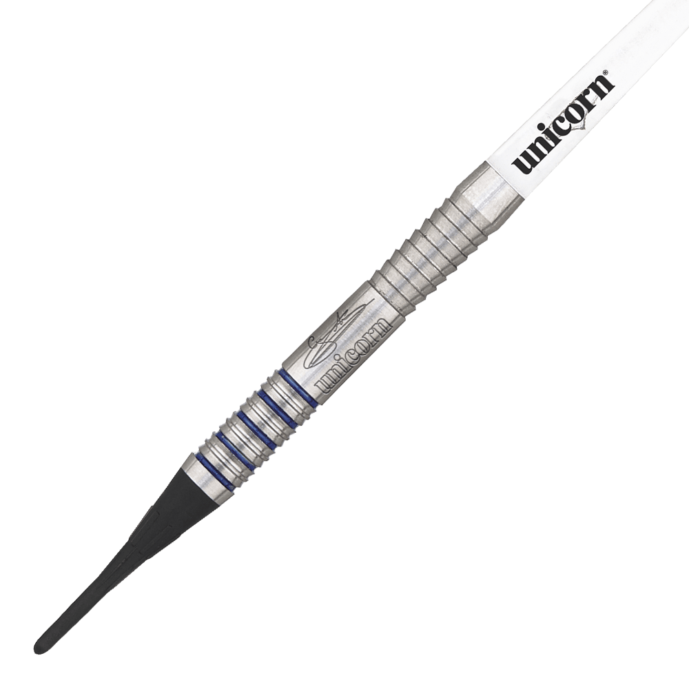 Das Bild zeigt einen Softdart der Marke Unicorn, Modell "Silver Star Var.2 Gary Anderson". Der Dart hat einen silbernen Schaft mit blauen Rillen und einen weißen Flight mit dem Aufdruck "unicorn".