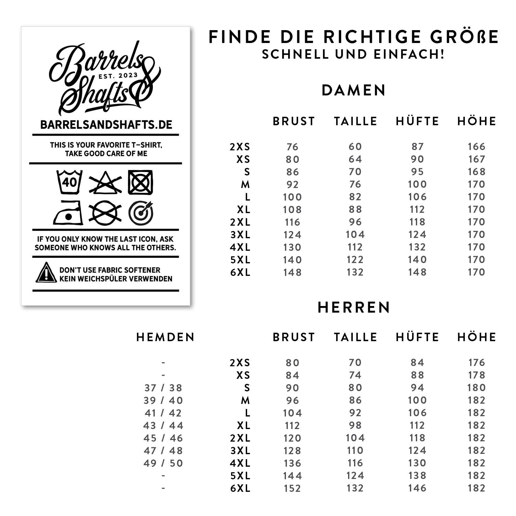 Barrels and Shafts Polo Shirt - Black Das Bild zeigt eine Größentabelle für das Produkt „Barrels and Shafts Poloshirt – Schwarz“ für Damen und Herren. Links sind Pflegehinweise für das T-Shirt abgebildet.