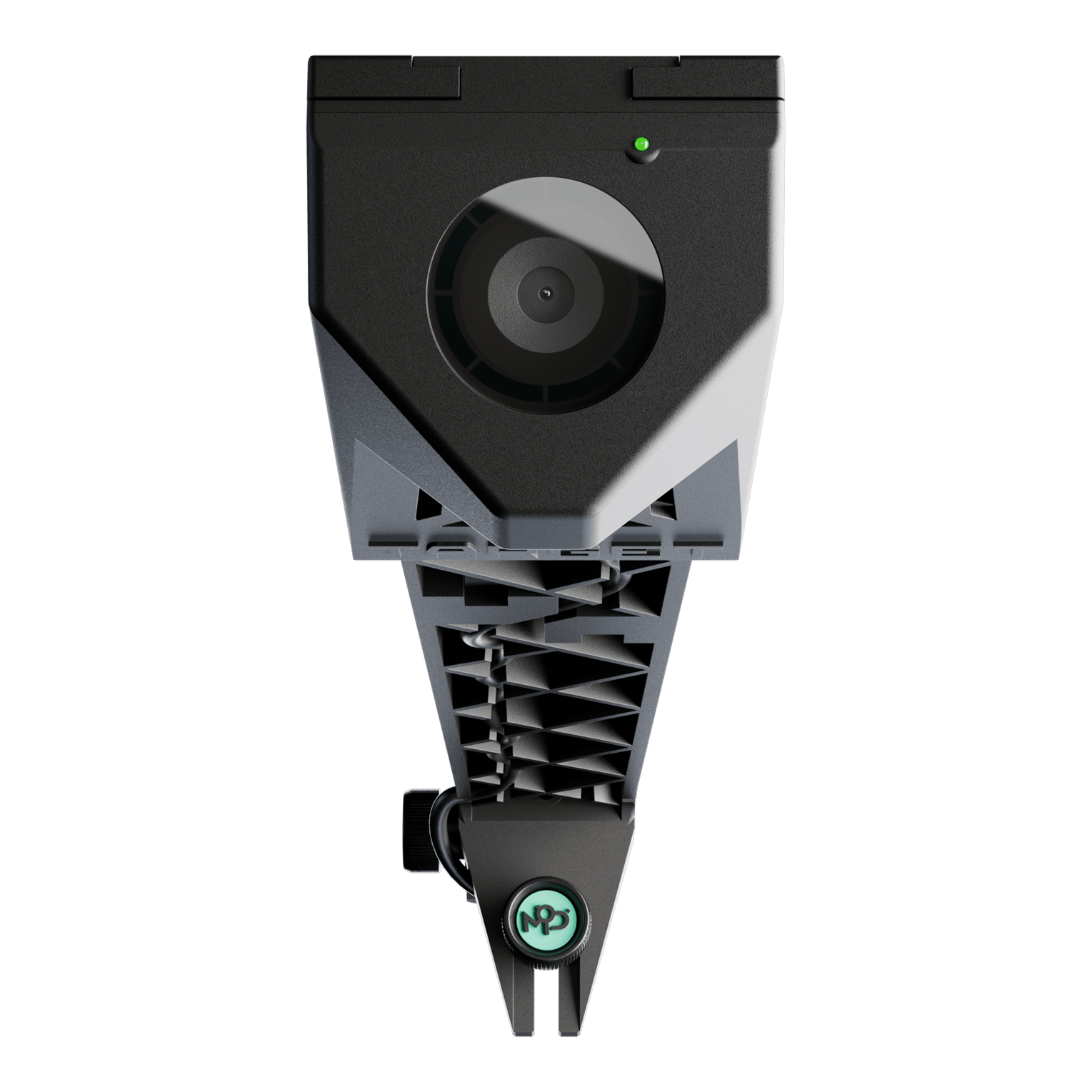 Target VIRT Camera Das Bild zeigt die Target VIRT Kamera aus der Vorderansicht. Die Kamera hat ein modernes, technisches Design mit einem großen Objektiv in der Mitte.