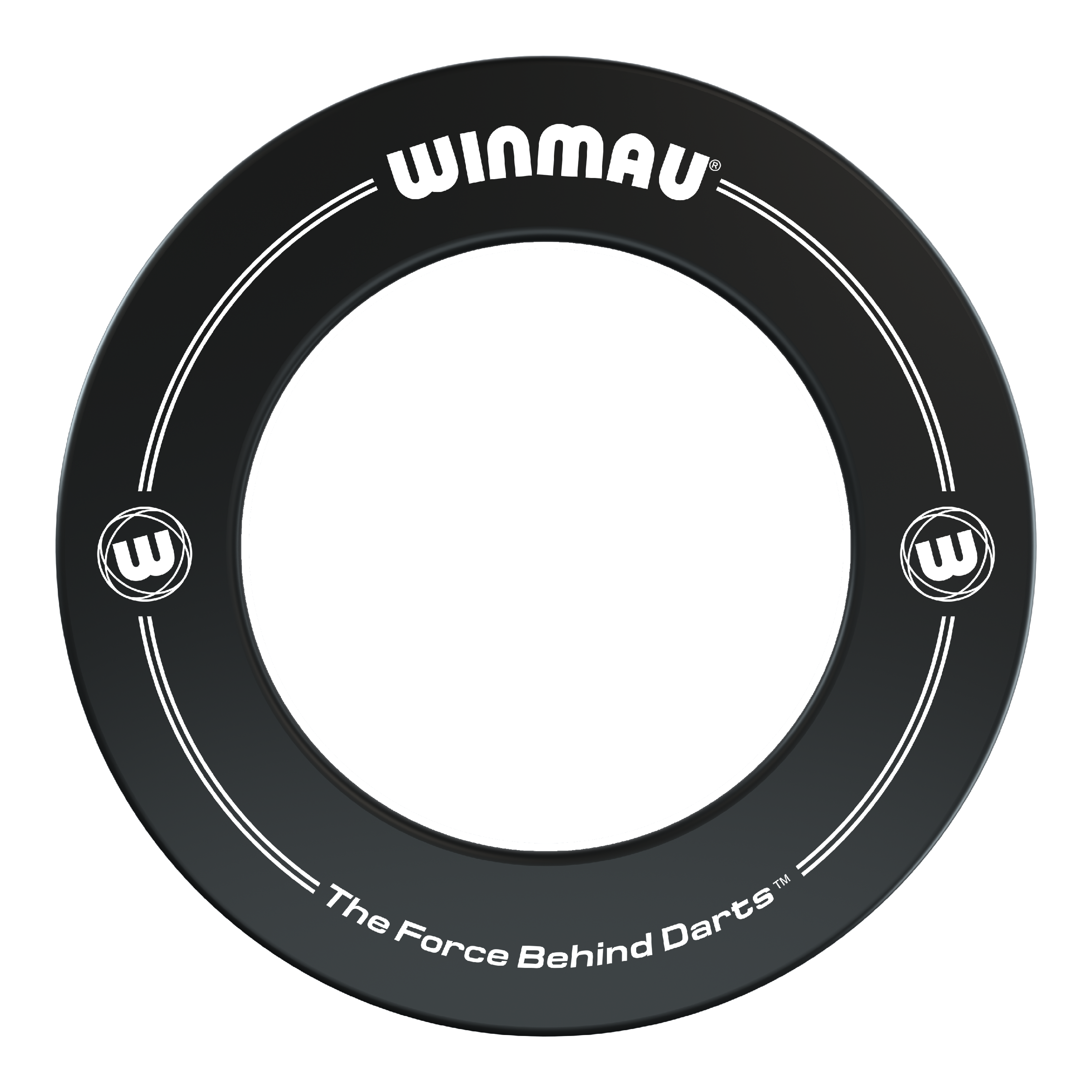 Winmau Dartboard Surround 2022 Auf dem Bild ist ein schwarzer Dartboard-Surround der Marke Winmau zu sehen. Auf dem Surround steht der Slogan „The Force Behind Darts“.