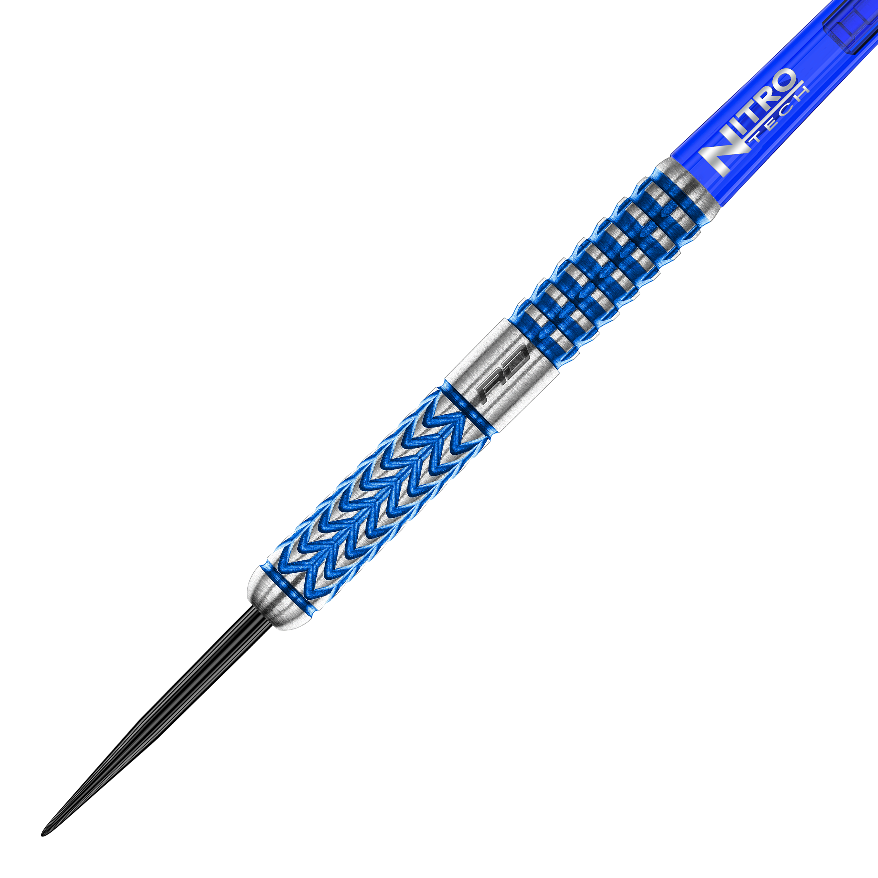 Red Dragon Gerwyn Price Glacier steel darts Das Bild zeigt einen stilvollen Steeldart mit blauen und silbernen Akzenten. Der Schaft trägt die Aufschrift „Nitro Tech“ und das Dartdesign ist modern und griffig.