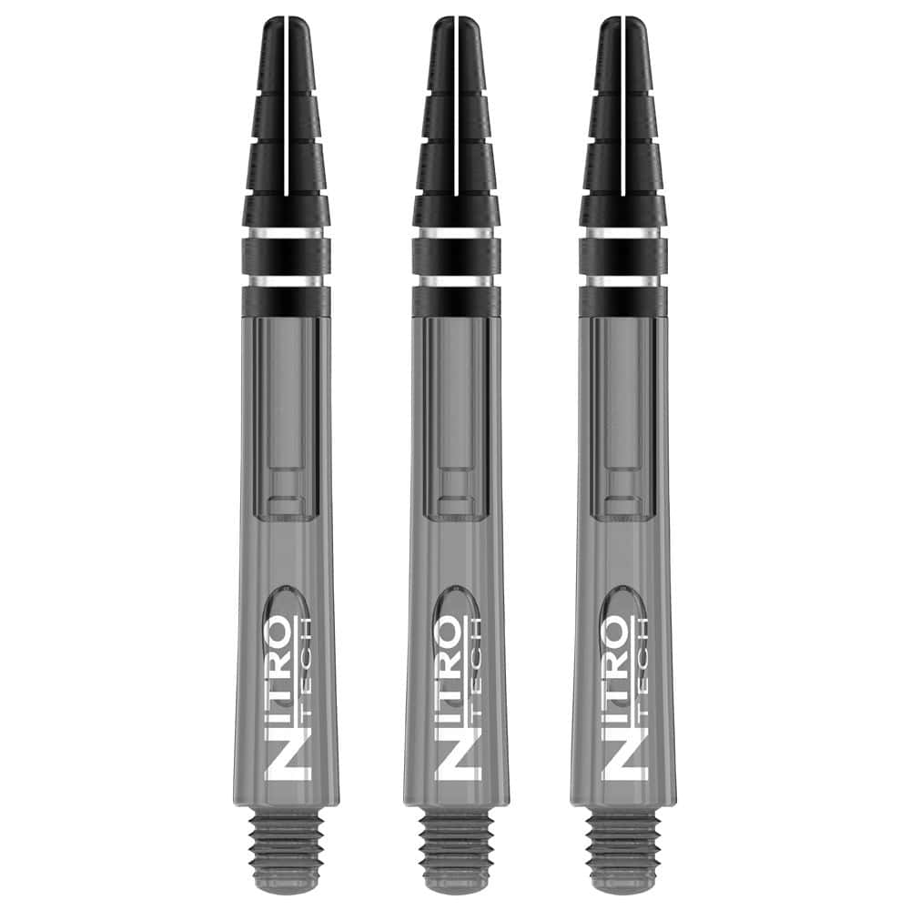 Das Bild zeigt drei RedDragon Nitrotech Shafts in schwarzer Tönung. Sie stehen nebeneinander und sind für Dartpfeile gedacht.