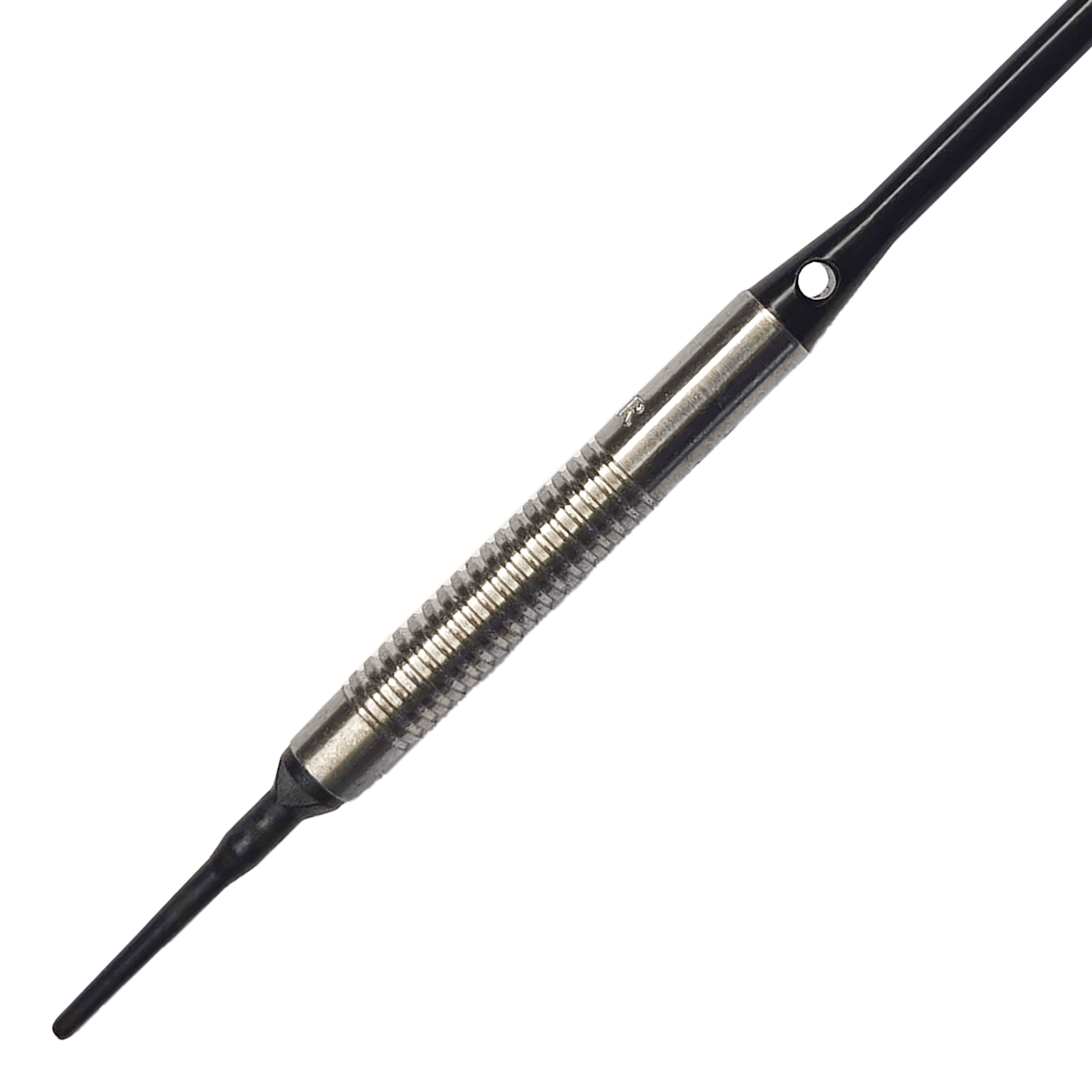 McDart 85 Tungsten V8 Soft Darts - 18.5g Das Bild zeigt einen McDart 85er Tungsten V8 Softdart mit einem Gewicht von 18,5 Gramm. Der Dart besteht aus silberfarbenem Metall mit einer geriffelten Griffzone und einer schwarzen Spitze.