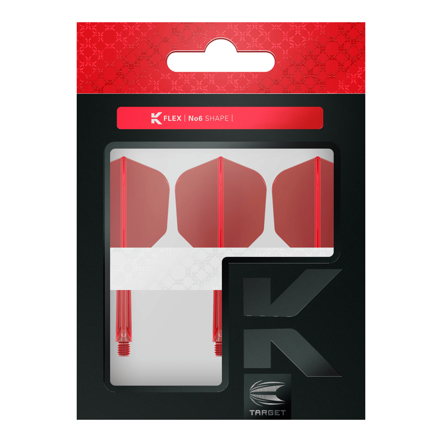Target K-Flex No6 Flight System - Red Das Bild zeigt eine Verpackung mit drei roten Dartflights und Schäften. Die Marke "Target" und die Produktbezeichnung "K-Flex No6 Shape" sind auf der Verpackung sichtbar.