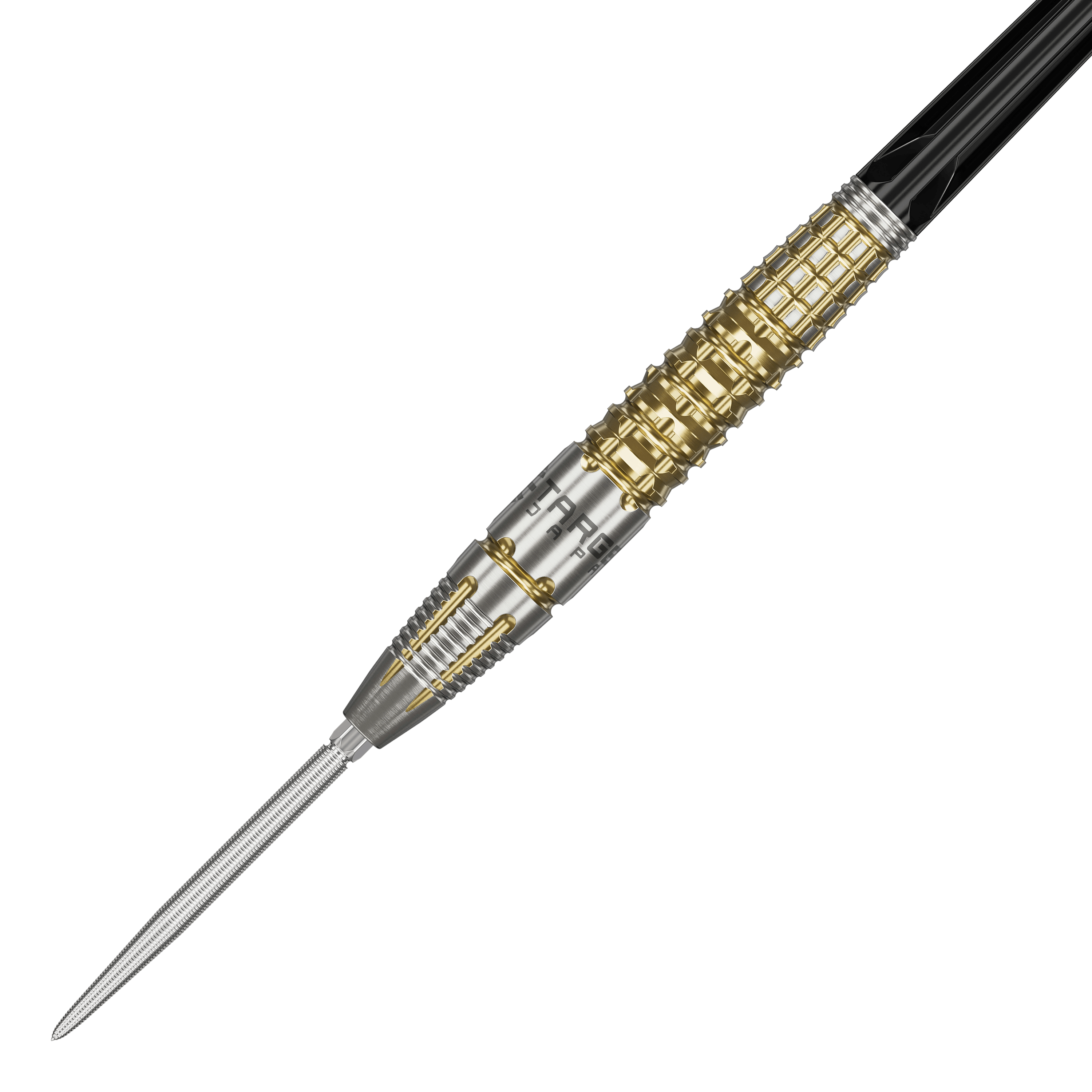Target Black Marque Warrior Swiss Point Steel Darts Das Bild zeigt einen Target Black Marque Warrior Swiss Point Steeldart. Der Dart ist silber und goldfarben mit auffälligen Rillen und einem spitzen Metallende.