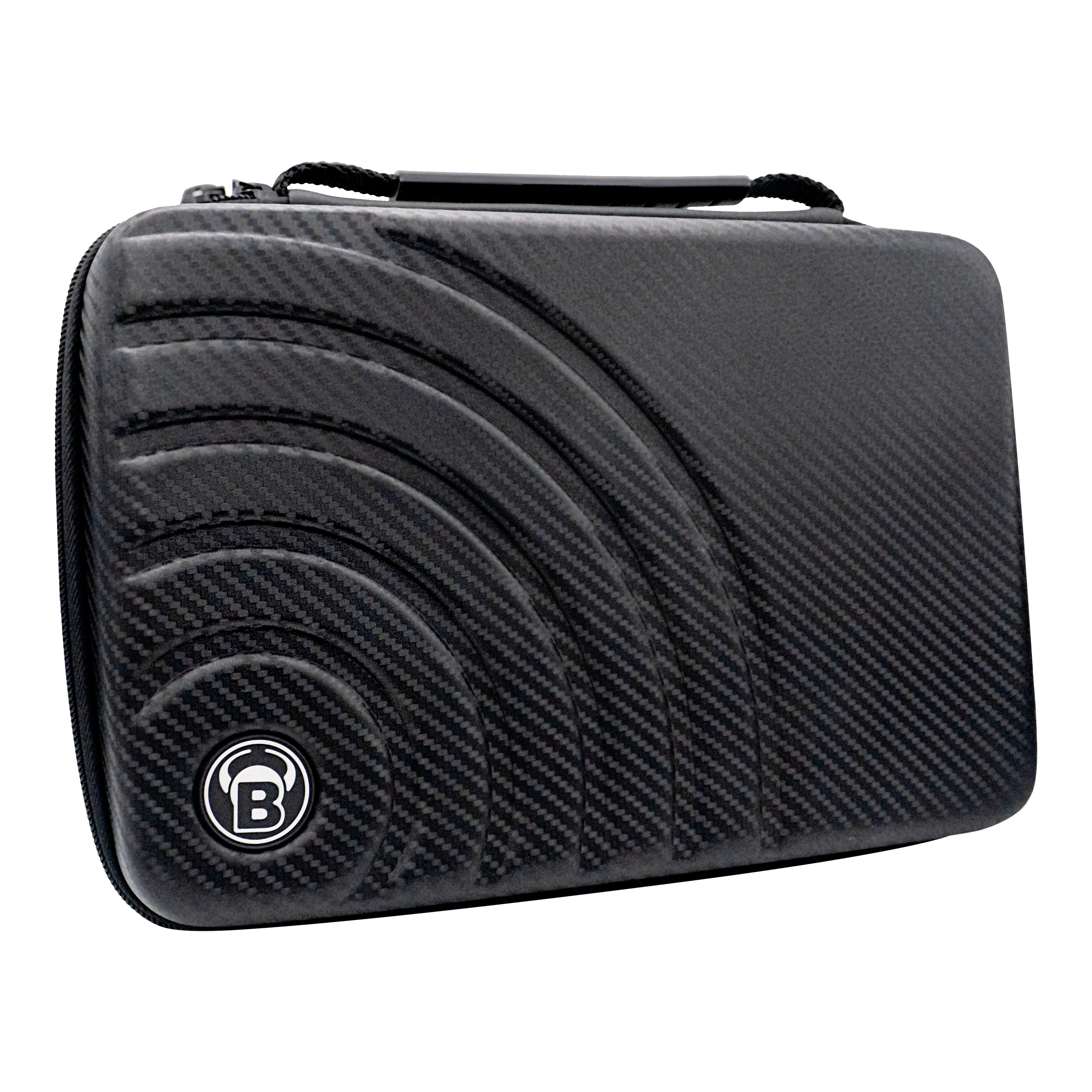 Bulls Orbis XXL dart case - carbon gray Das Bild zeigt das "Bulls Orbis XXL Dartcase" in Carbongrau. Das Etui hat ein modernes, karbonähnliches Design mit einem eingelassenen Muster und dem Bulls-Logo.