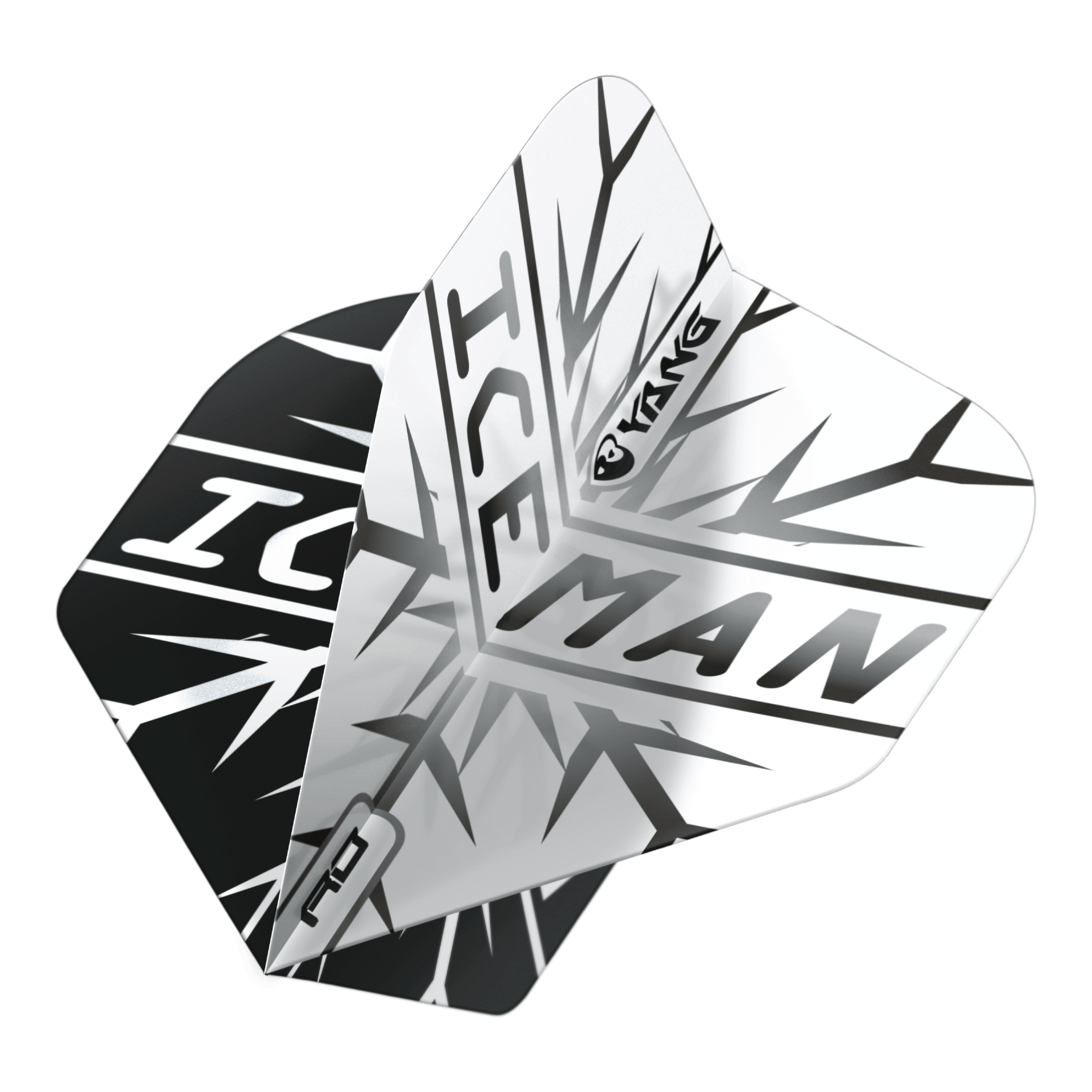 Red Dragon Gerwyn Price Iceman Black White Yin Yang Standard Flights Das Bild zeigt zwei Dartflights in Schwarz und Weiß mit dem Schriftzug "ICEMAN" und einem auffälligen Eismuster. Auf den Flights ist zudem das Wort "Yin Yang" zu sehen.