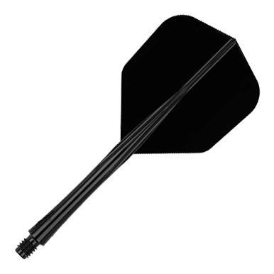 Caliburn SUP Lite No6 flight shaft system Das Bild zeigt einen schwarzen Dart-Schaft mit Flight. Der Dart-Schaft ist mittellang und komplett in schwarz gehalten.