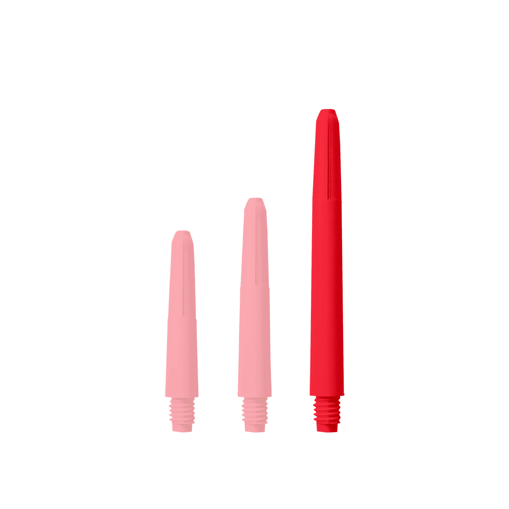 Das Bild zeigt drei rote Nylon Shafts in verschiedenen Längen. Sie sind senkrecht und nebeneinander angeordnet.