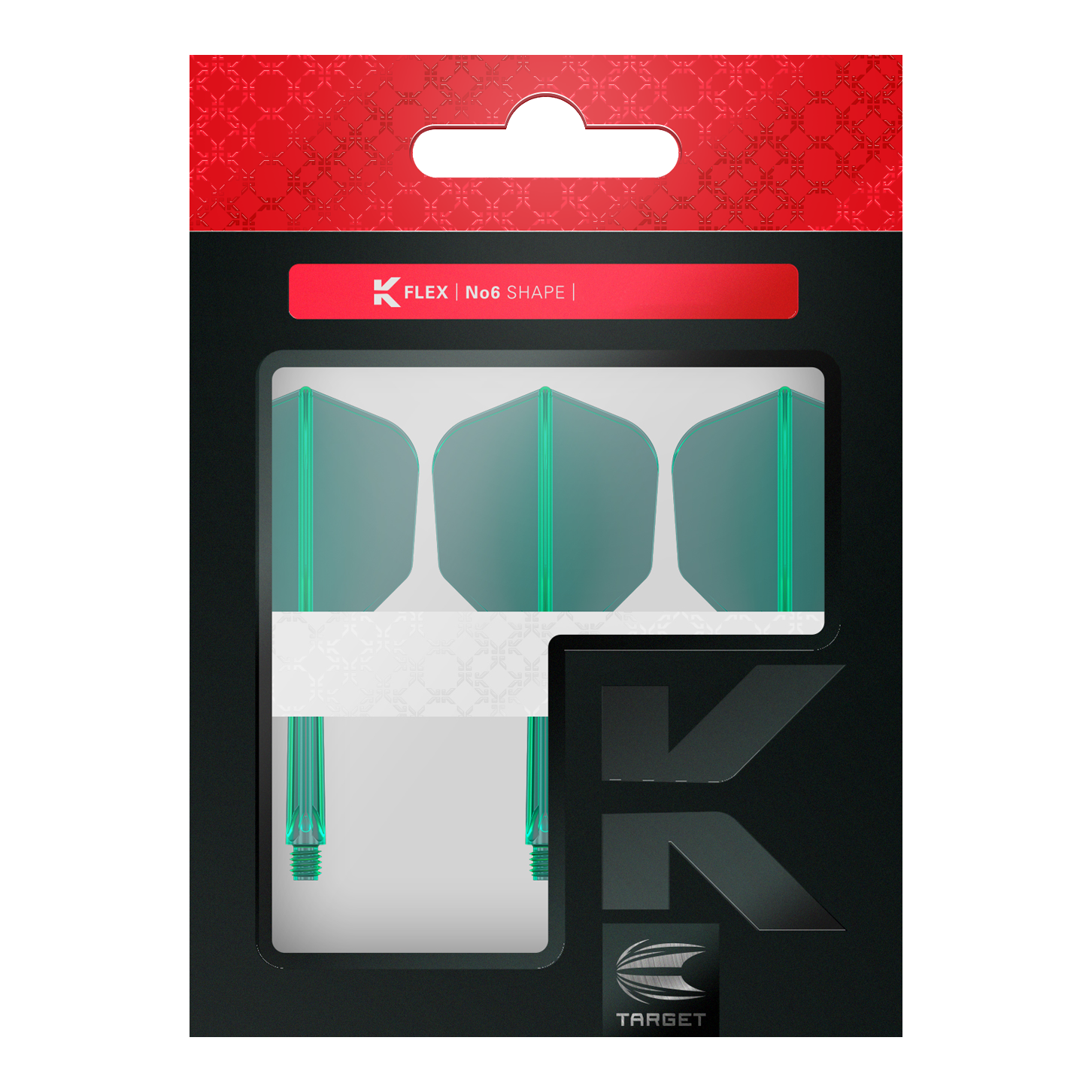 Das Bild zeigt eine Verpackung mit drei grünen Dartflügen und Schäften der Marke Target. Die Packung trägt die Aufschrift "K FLEX | No6 SHAPE".