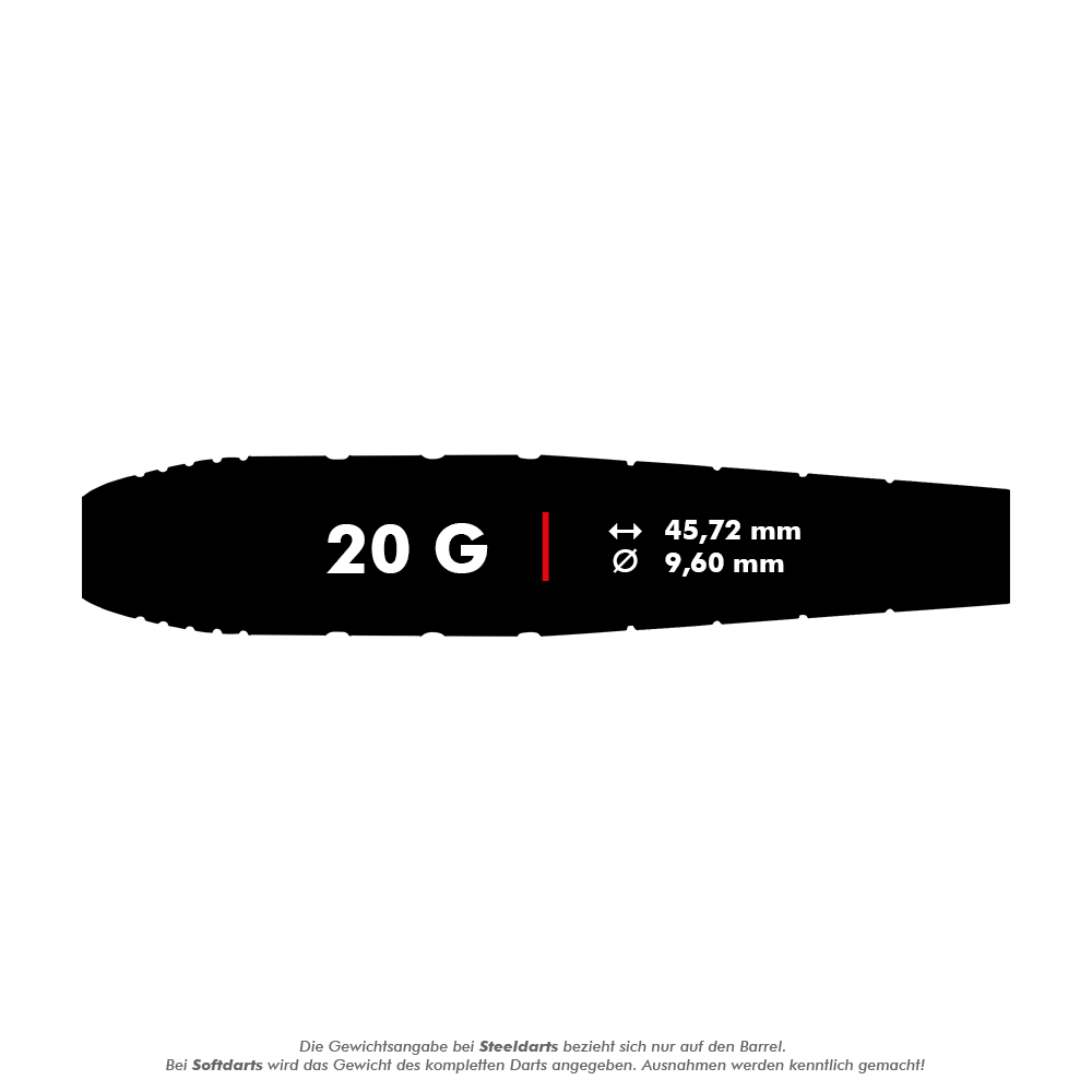 Das Bild zeigt die Maße und das Gewicht des Produkts "Red Dragon Luke Humphries World Champion Brass Softdarts - 20g". Der Dart wiegt 20 Gramm, ist 45,72 mm lang und hat einen Durchmesser von 9,60 mm.