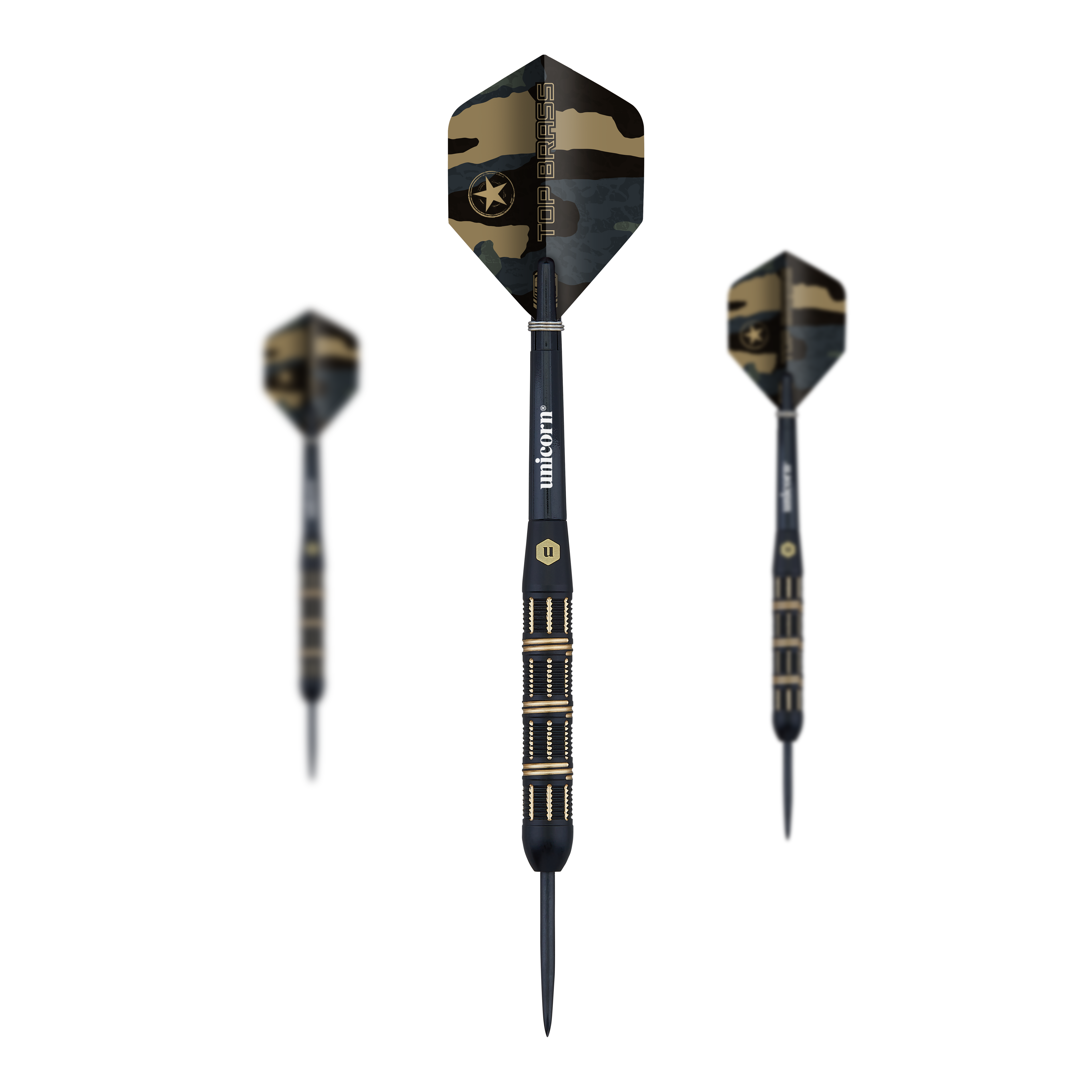 Unicorn Top Brass V3 Steeldarts - 21g Die Abbildung zeigt drei Steeldarts des Modells "Unicorn Top Brass V3" mit einem Gewicht von 21g. Die Darts haben ein schwarzes und goldenes Design mit camouflagegemusterten Flights.
