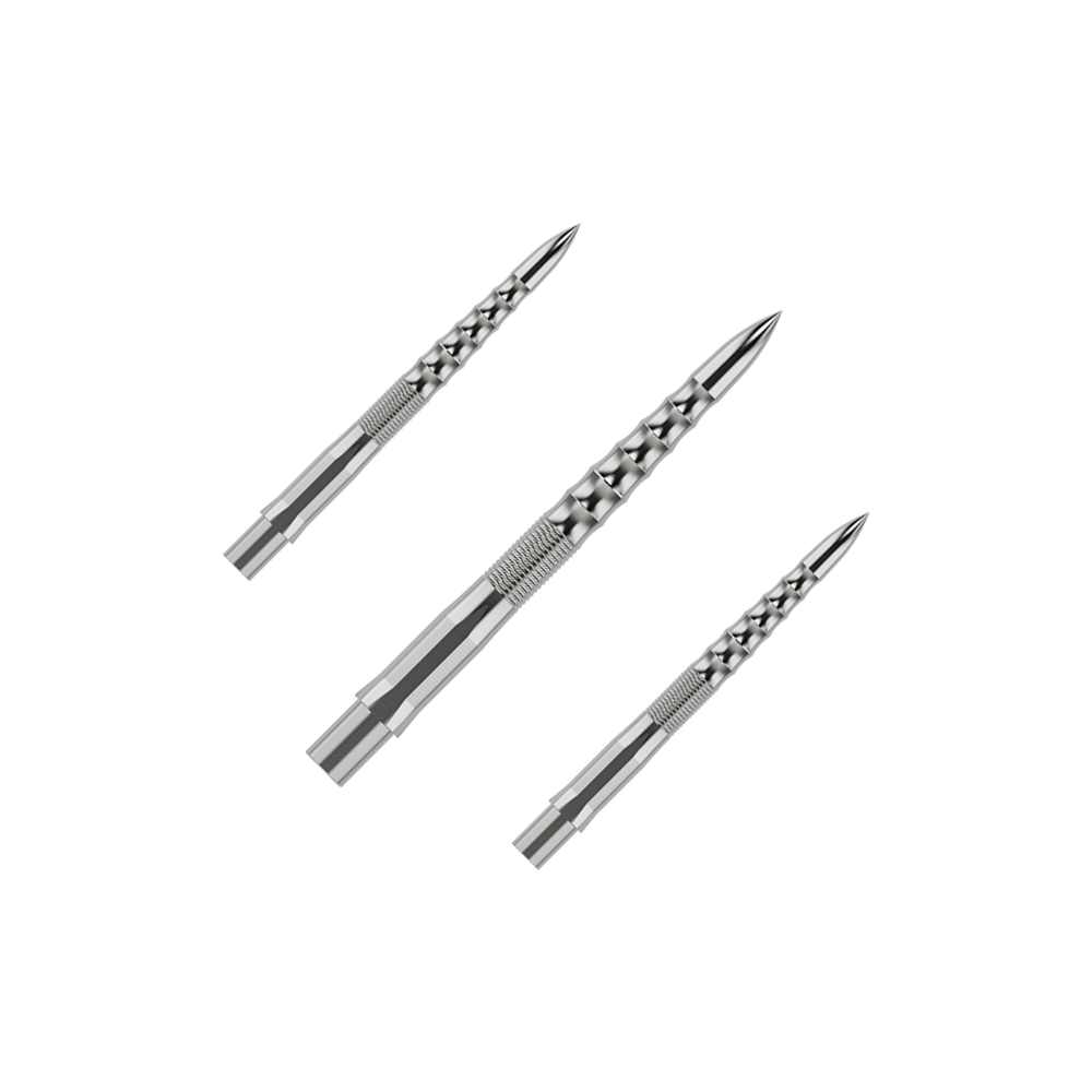 Mission Caliburn EVO dart tips - Ripple - Silver Auf dem Bild sind drei silberne Steeldartspitzen mit einem strukturierten Griff zu sehen. Sie sind in einem Set angeordnet und haben ein modernes, geriffeltes Design.