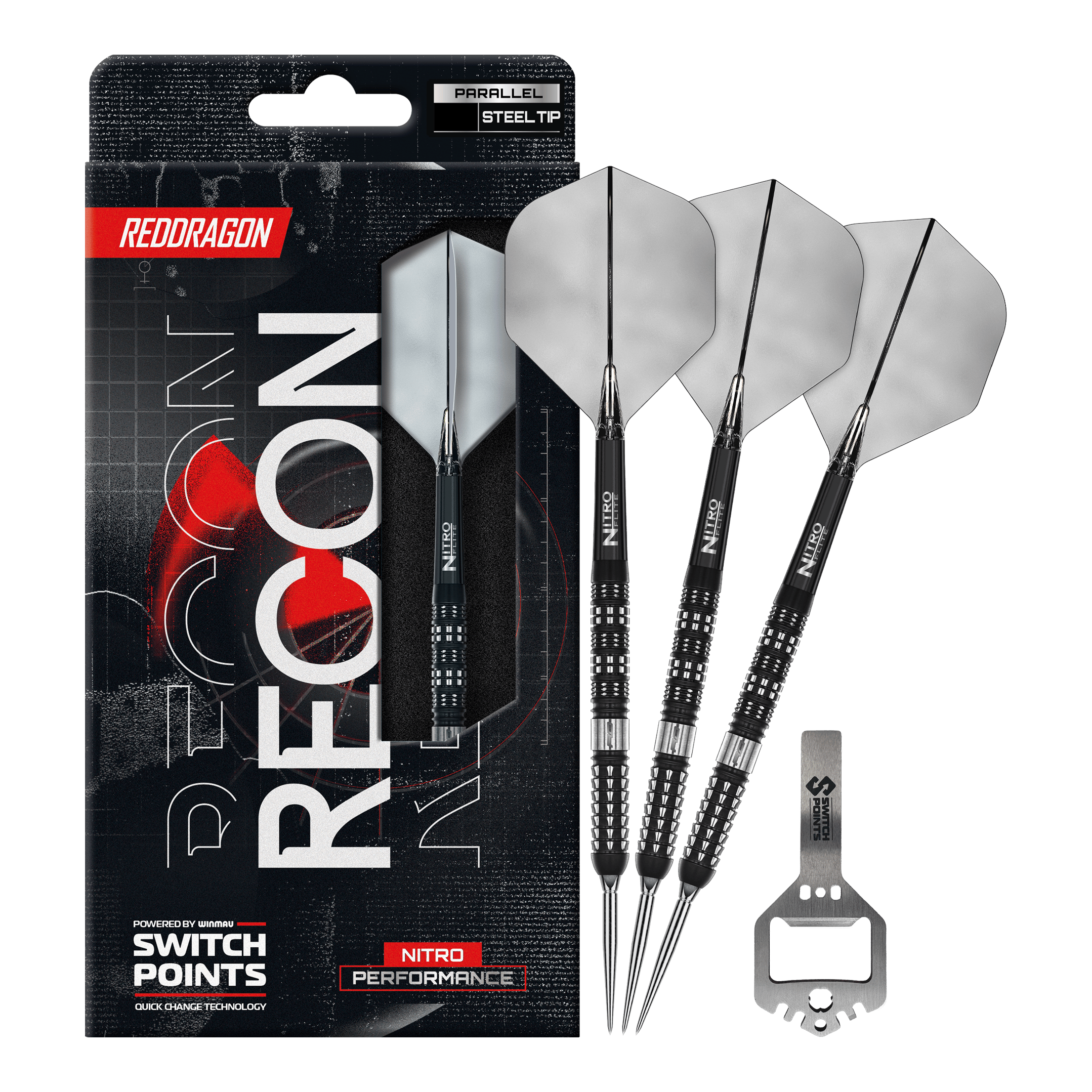 Red Dragon Recon Parallel Steeldarts Das Bild zeigt die Red Dragon Recon Parallel Steeldarts in voller Länge. Die Steeldarts haben ein modernes Design.