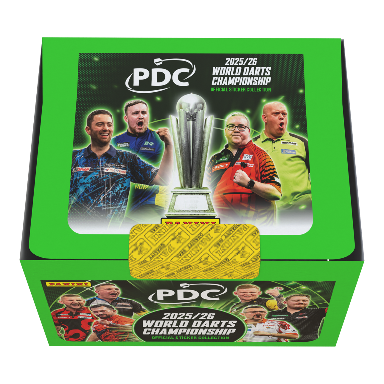 Panini PDC World Darts Championship 2025/26 - Sticker box with 65 packs Die Panini PDC World Darts Championship 2025/26 Stickerbox mit 65 Tüten ist zu sehen. Das Bild gibt einen Überblick über die Verpackung und den Inhalt der Box.
