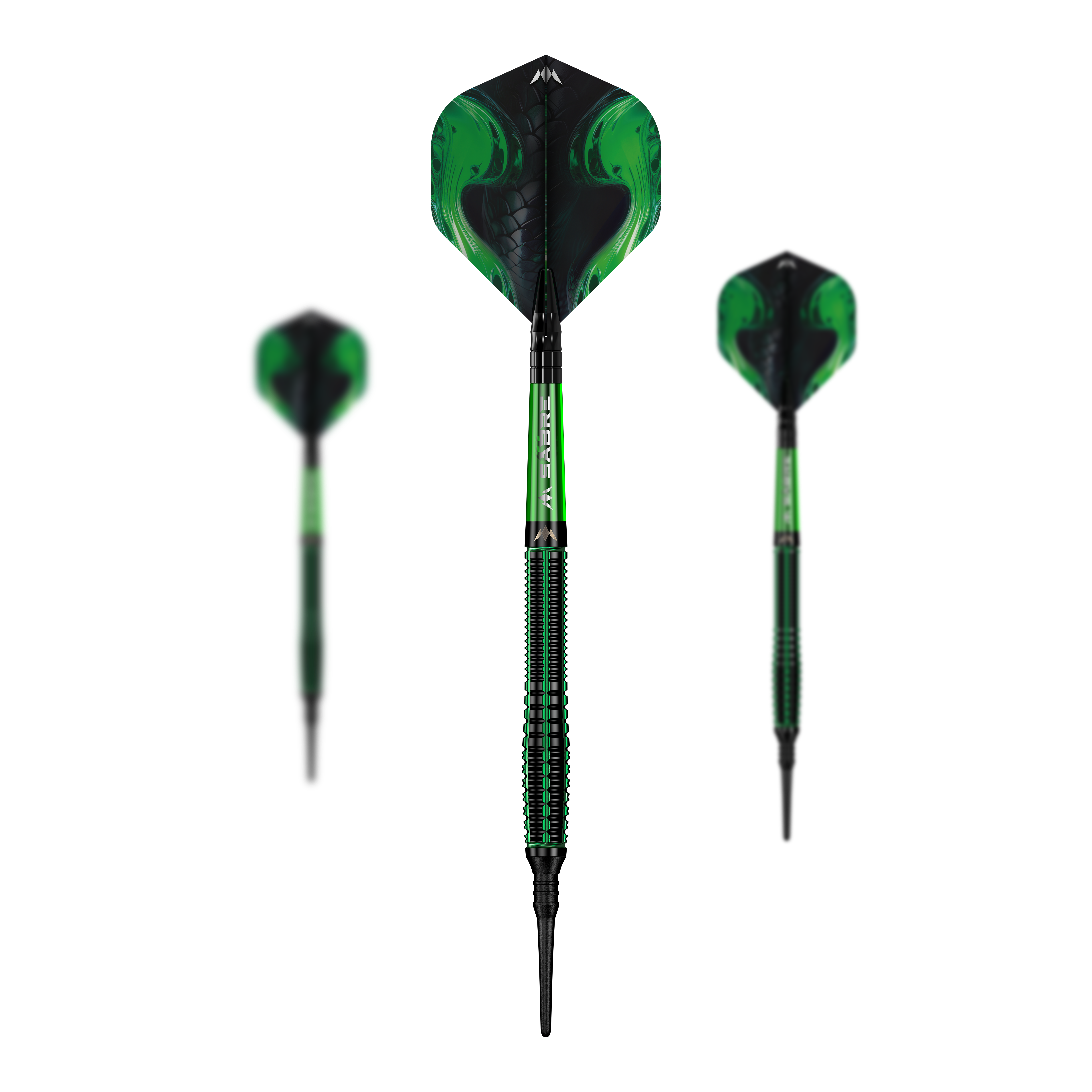 Mission Venom Softdarts - 20g Das Bild zeigt drei grüne Mission Venom Softdarts mit schwarzen Akzenten. Die Darts haben ein Gewicht von 20 Gramm und ein auffälliges Schlangenmuster auf den Flights.
