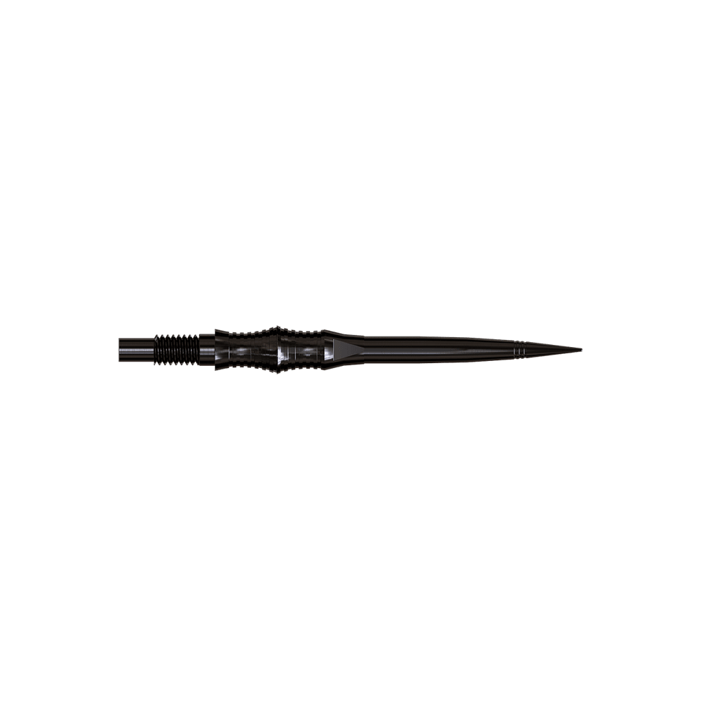 Harrows Quick Point Apex Spire Elite Series Dartspitzen - Schwarz Apex Spire Black Elite Serie Dartspitzen in 30mm werden gezeigt. Die Spitzen sind dunkel und schmal.