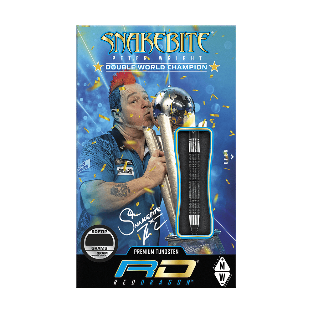 Die Verpackung zeigt die "Red Dragon Peter Wright Double World Champion SE Black Softdarts - 20g" mit einem Bild von Peter Wright und seinem Weltmeistertitel. Ein Dartpfeil ist durch ein Sichtfenster sichtbar dargestellt.
